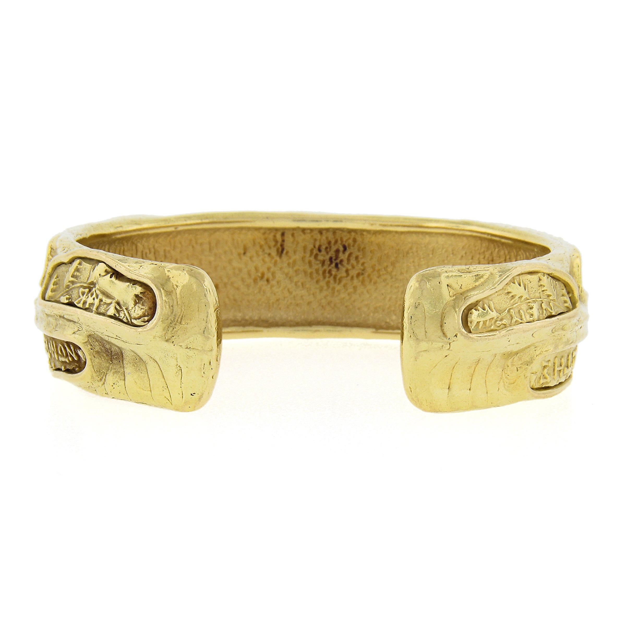 Denise Roberge 18k Yellow Gold Greek Writing Open Cuff Bracelet w/ Dangle Ball For Sale 3