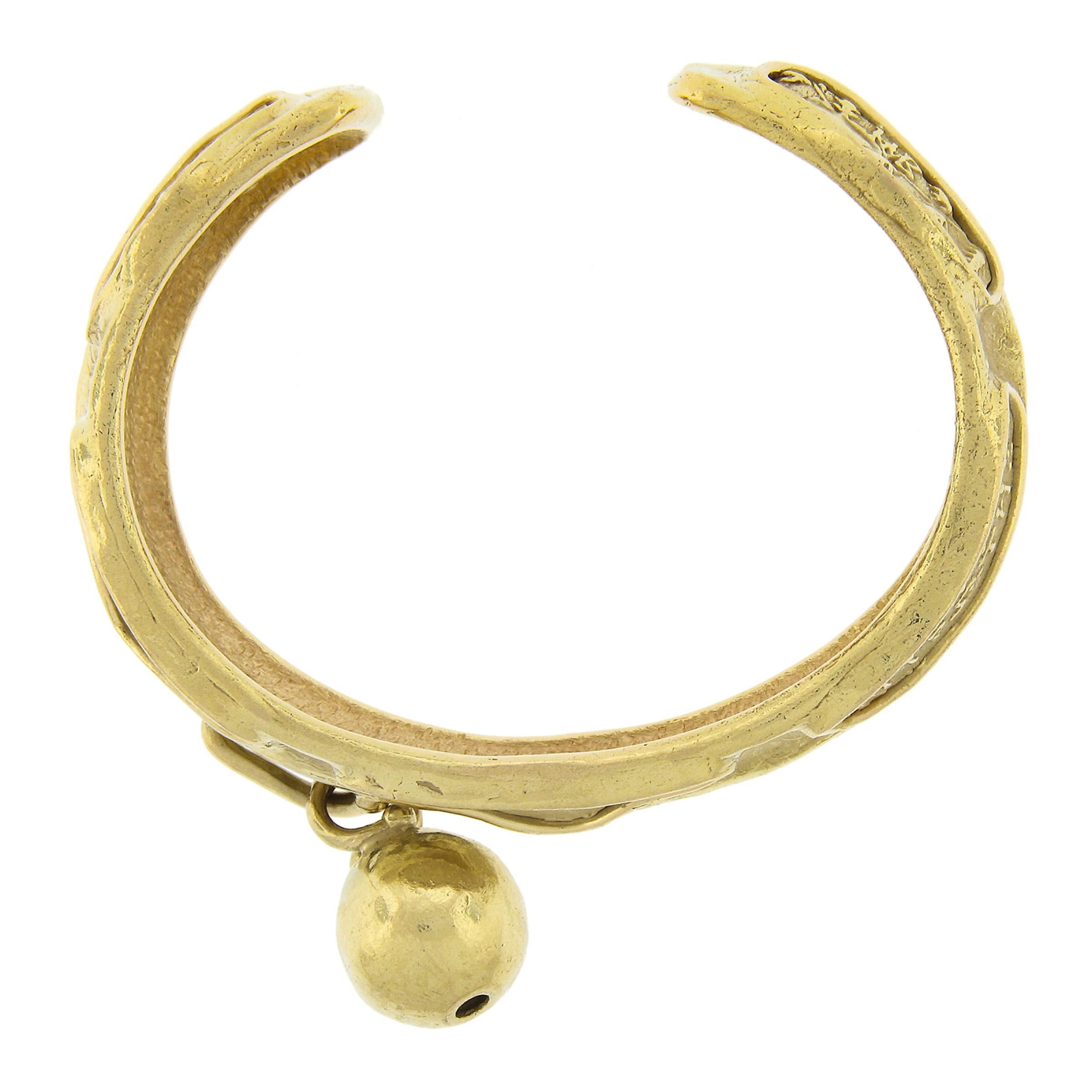 Denise Roberge 18k Yellow Gold Greek Writing Open Cuff Bracelet w/ Dangle Ball For Sale 5