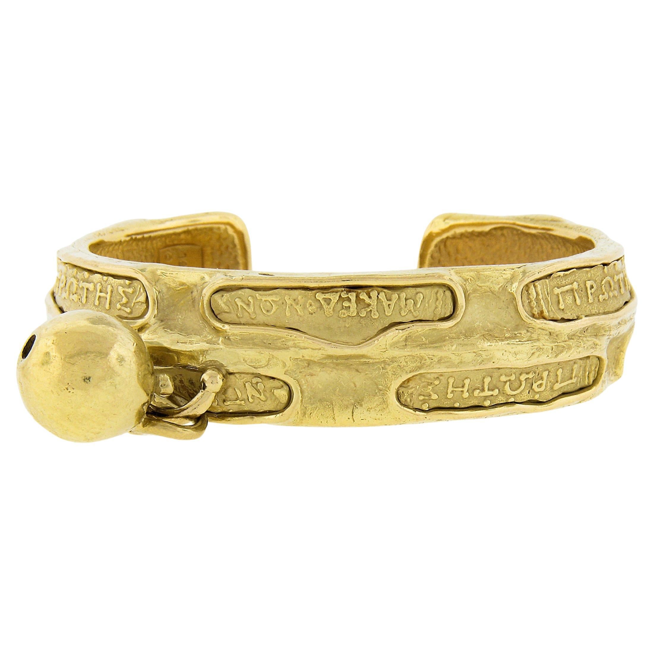 Denise Roberge 18k Yellow Gold Greek Writing Open Cuff Bracelet w/ Dangle Ball For Sale