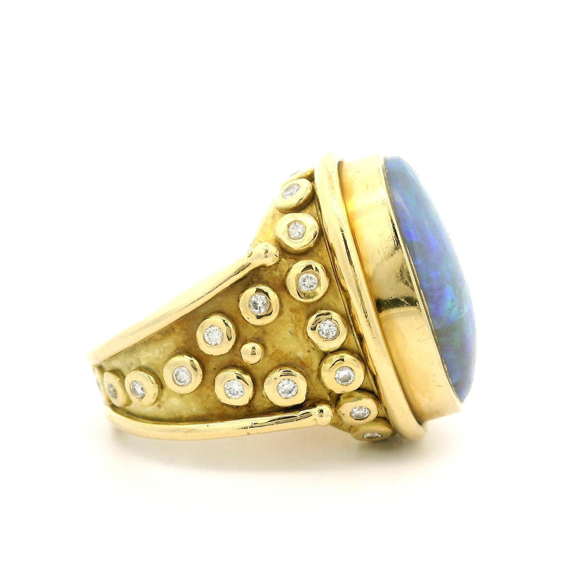 Cabochon Denise Roberge 18k Yellow Gold Oval Opal Bezel Diamond Large Bold Heavy Ring For Sale