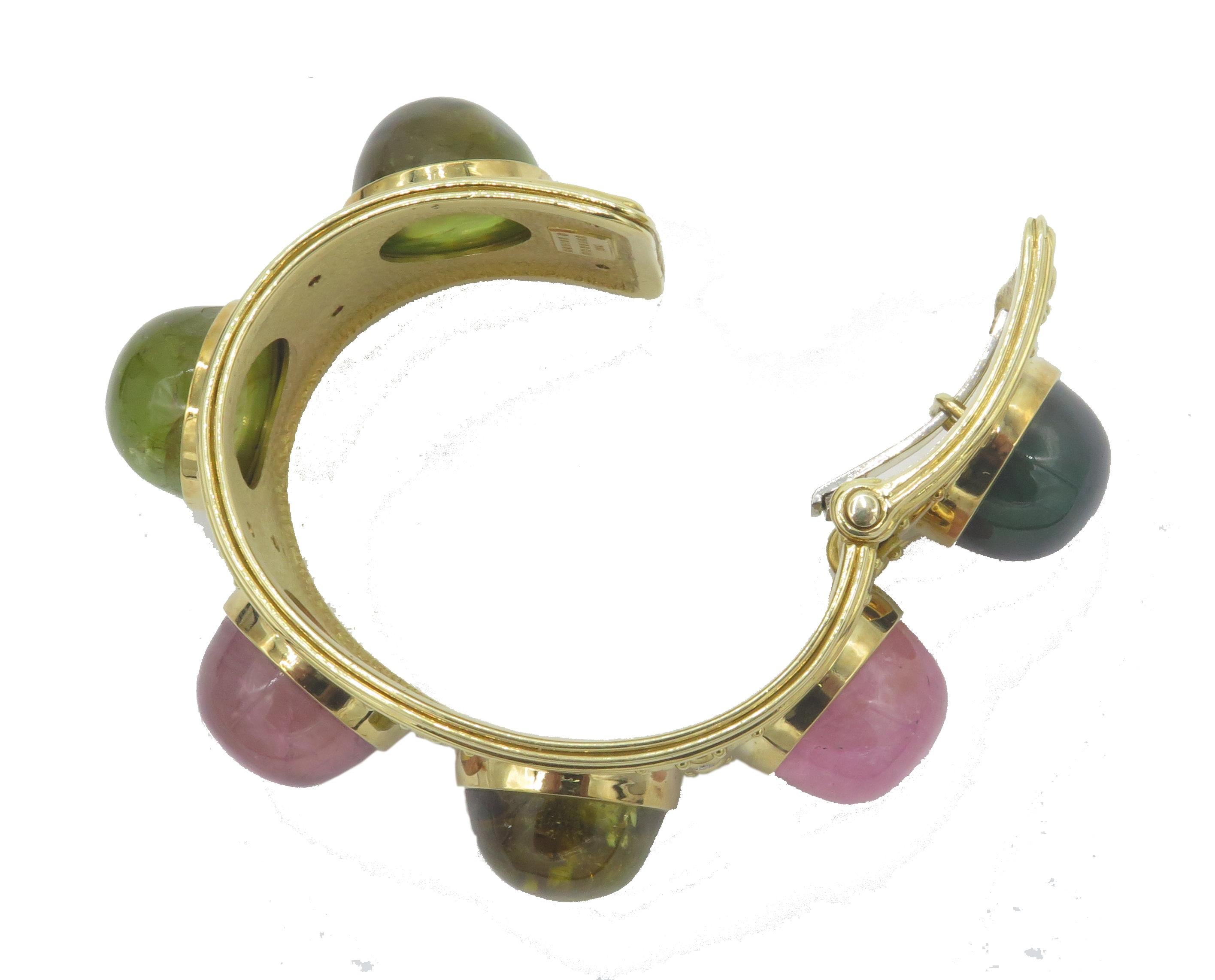 Round Cut Denise Roberge 18 Karat Yellow Gold and Diamond Tourmaline Wide Cuff Bracelet For Sale