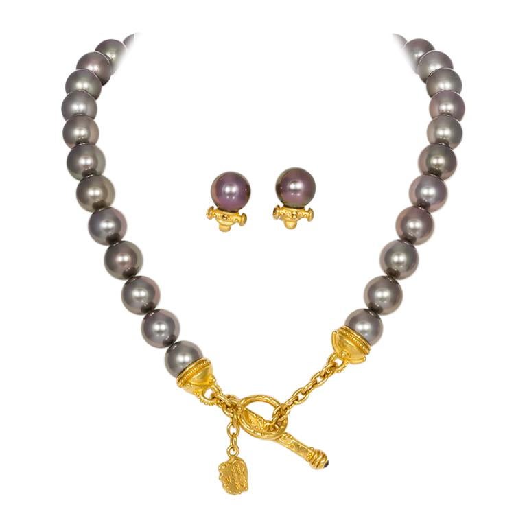 Denise Roberge 22 Karat Gold and Black South Sea Pearl Necklace and Earring Set