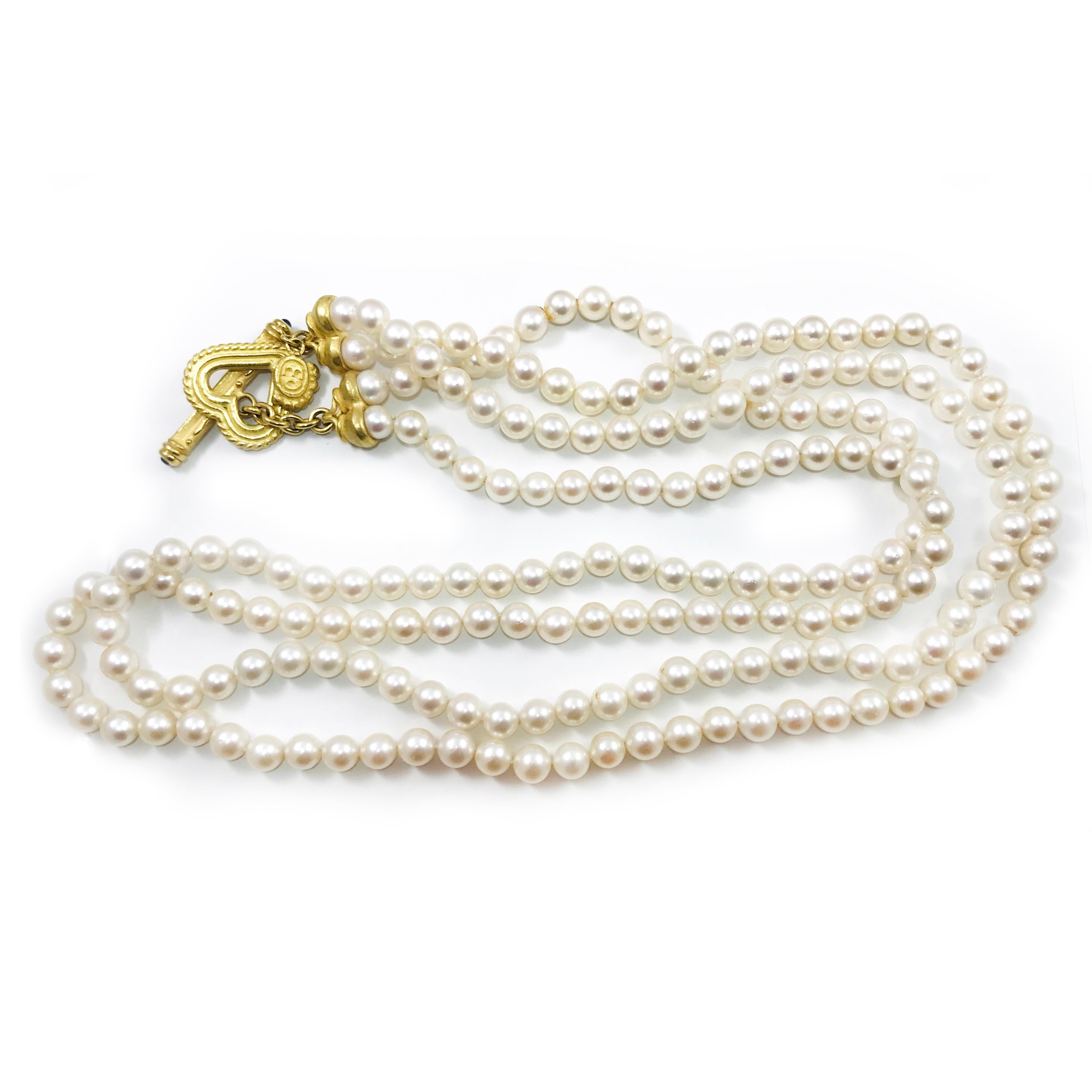 Denise Roberge Opera Length 22 Karat Gold Two-Strand Japanese Pearl Necklace. One strand of 96 Pearls and the other strand of 100 Pearls for a total of 196 Pearls measuring 7.0-7.5mm. The roundness of the Pearl and the depth and consistency of