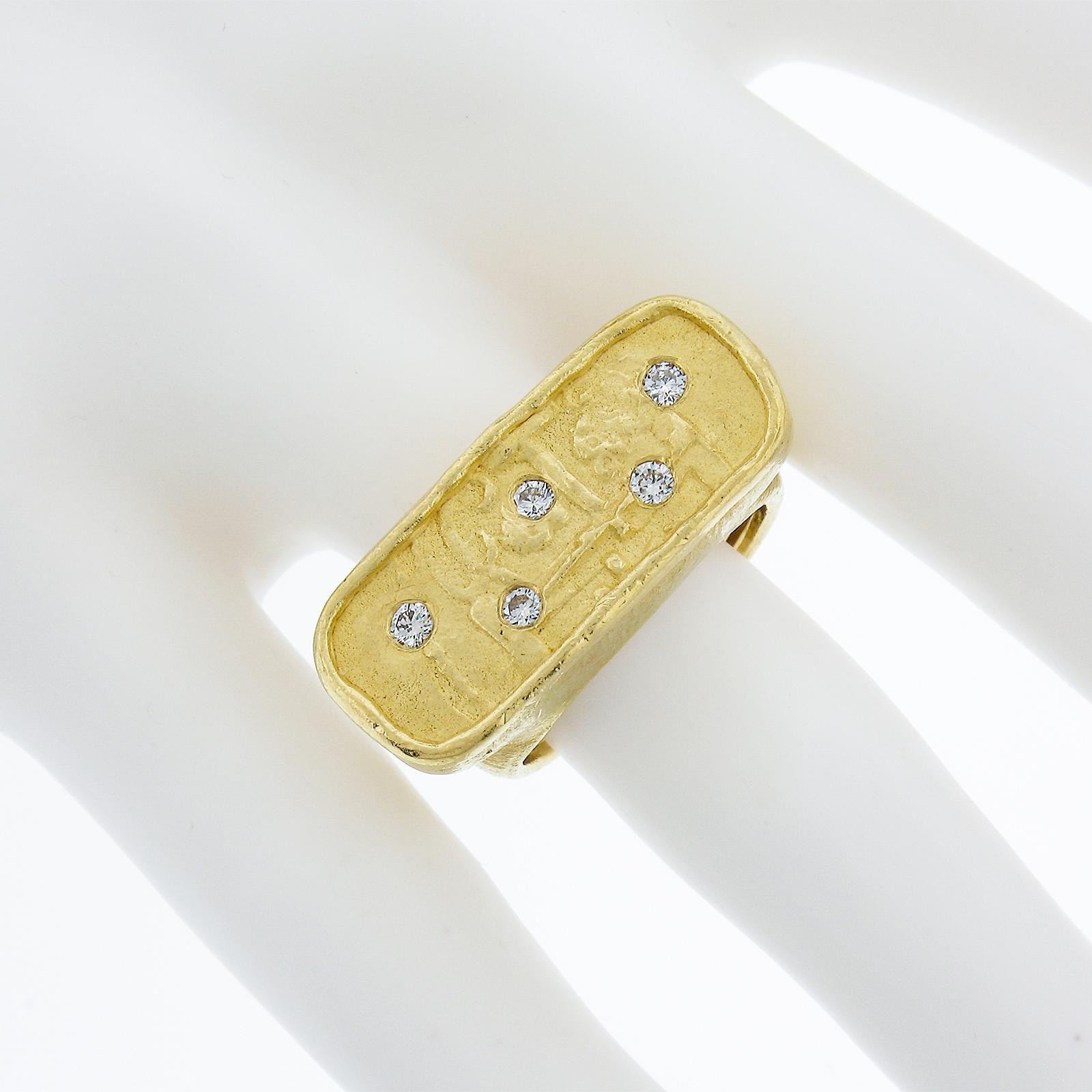 Round Cut Denise Roberge 22k Gold .20ctw Diamond Matte Ancient Motif Saddle Statement Ring For Sale