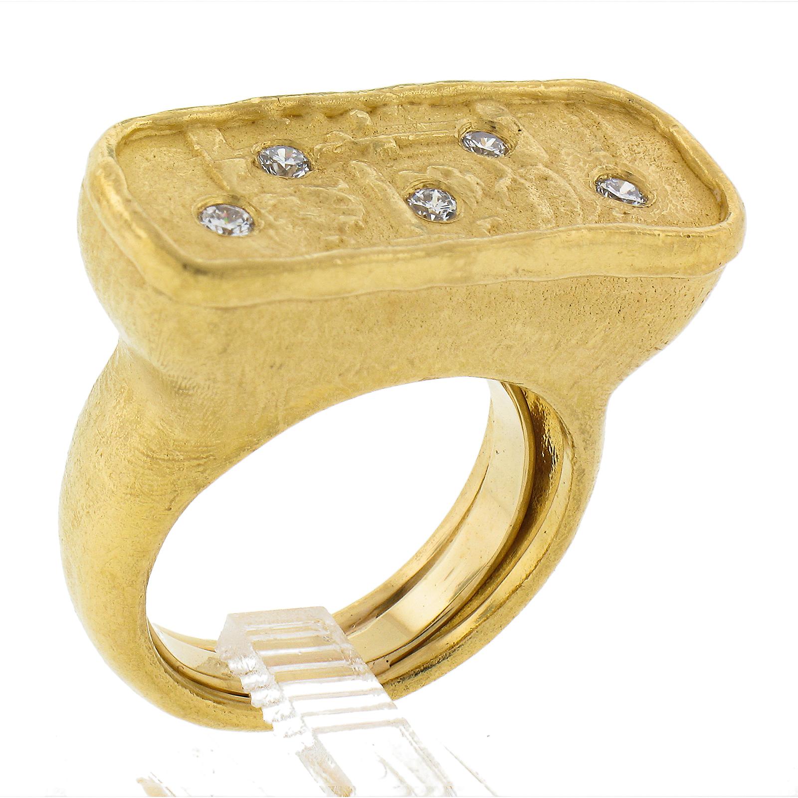 Denise Roberge 22k Gold .20ctw Diamond Matte Ancient Motif Saddle Statement Ring For Sale 2