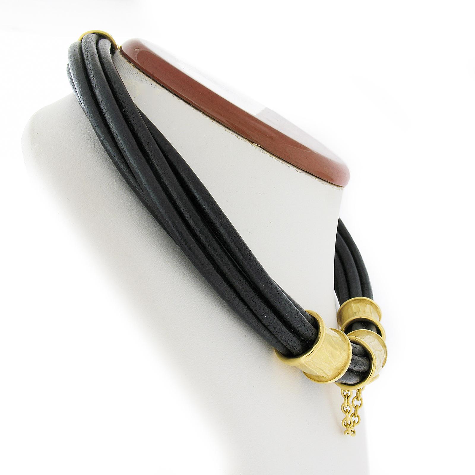 Denise Roberge 22k Gold Black Leather Cord Choker Necklace w/ Slide Charms In Excellent Condition In Montclair, NJ