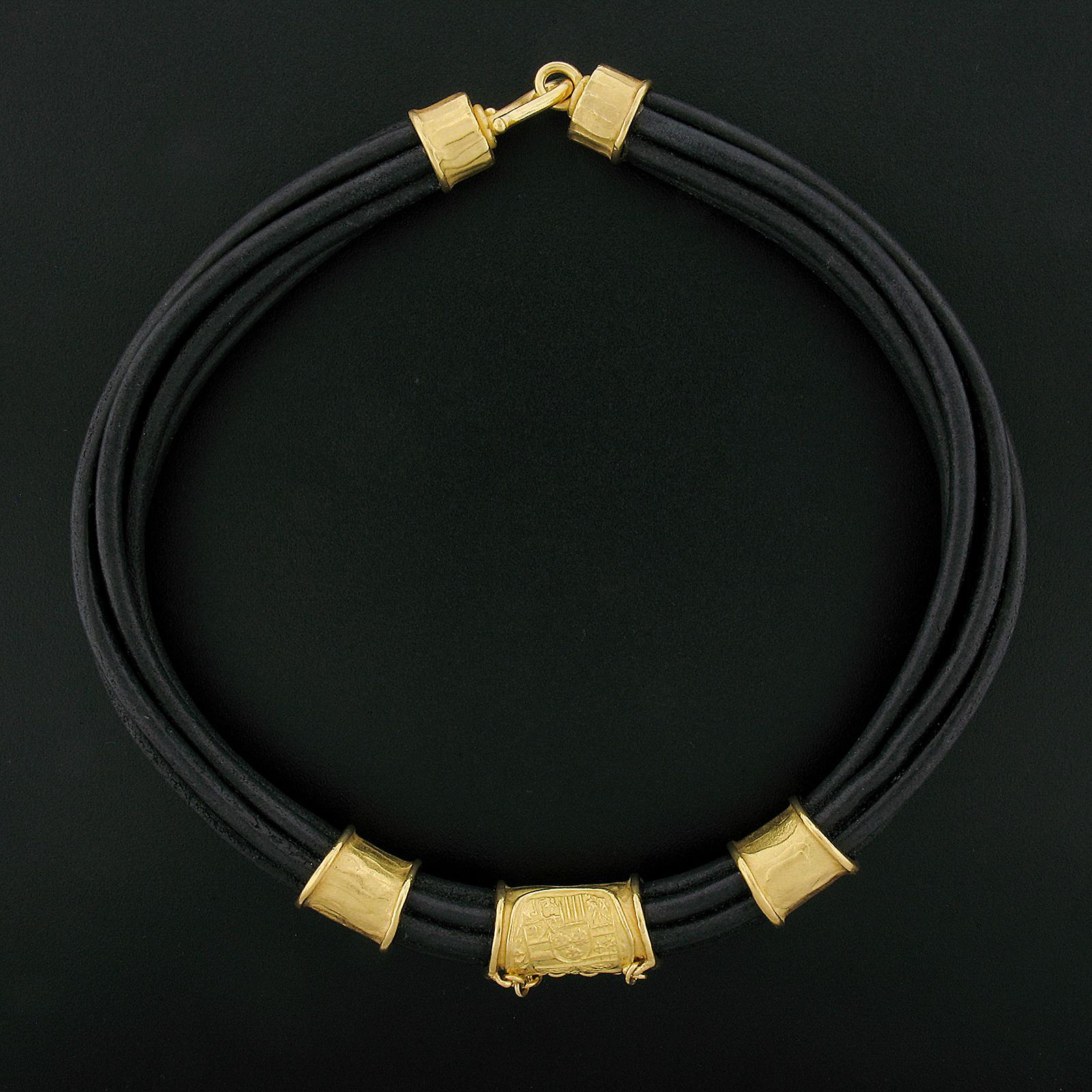 Denise Roberge 22k Gold Black Leather Cord Choker Necklace w/ Slide Charms 2