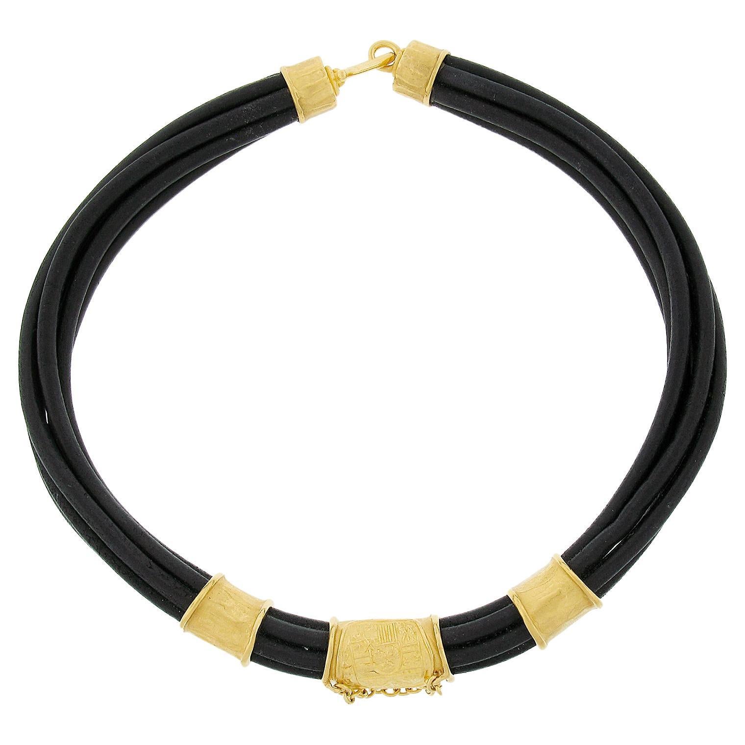 Denise Roberge 22k Gold Black Leather Cord Choker Necklace w/ Slide Charms