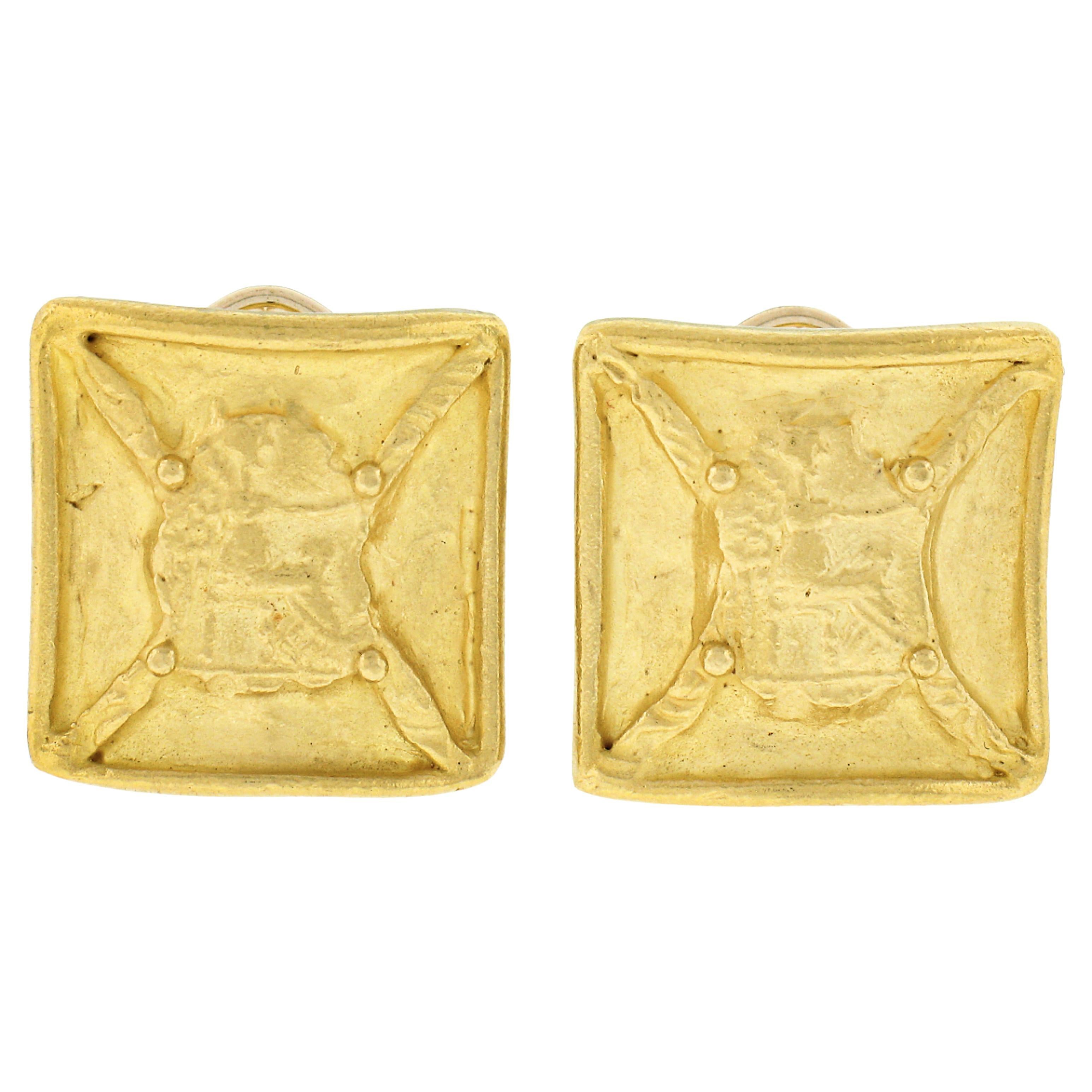 Denise Roberge 22K Gold Detailed Textured Shield Seal Squared Button Earrings