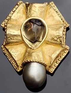 Denise Roberge 22K Gold Pin Brooch Citirine Gray Pearl Large Heavy 75.8g