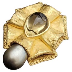 Denise Roberge 22K Gold Pin Brooch Citirine Gray Pearl Large Heavy 75.8g