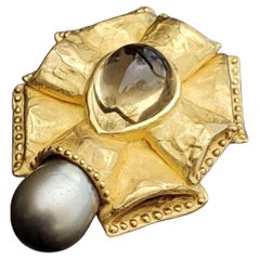 Denise Roberge 22K Gold Pin Brooch Citirine Gray Pearl Large Heavy 75.8g