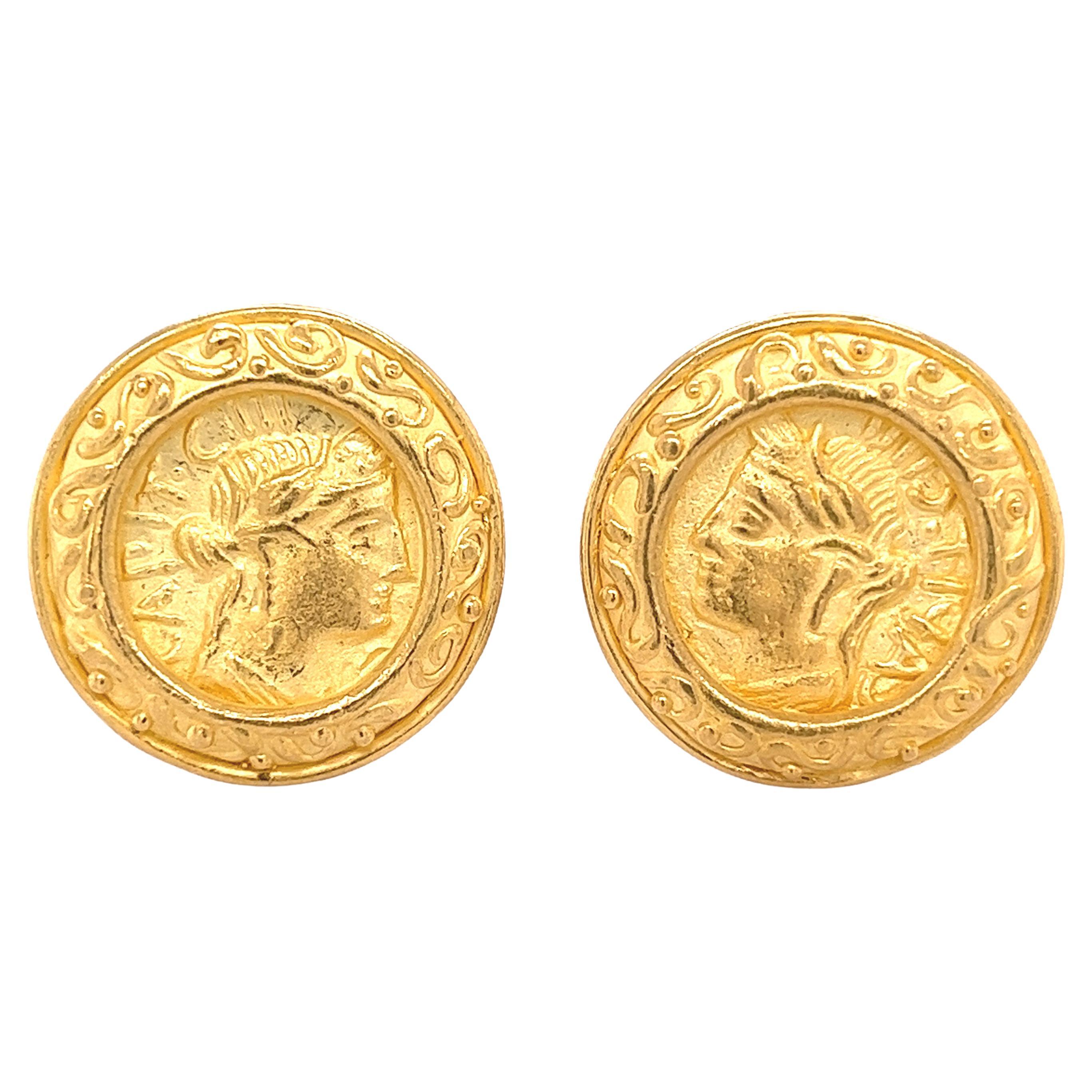 Denise Roberge 22k Gold Roman Coin Motif Clip On Earrings