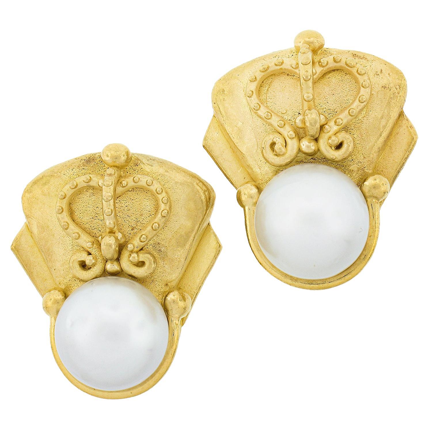 Denise Roberge 22K Yellow Gold 13mm White South Sea Pearl Clip On Earrings For Sale