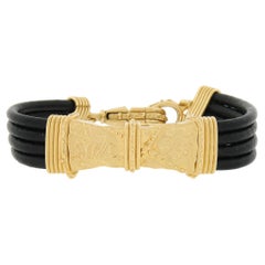 Vintage Denise Roberge 22k Yellow Gold 6.5" 4 Row Black Leather Cord Beaded ID Bracelet