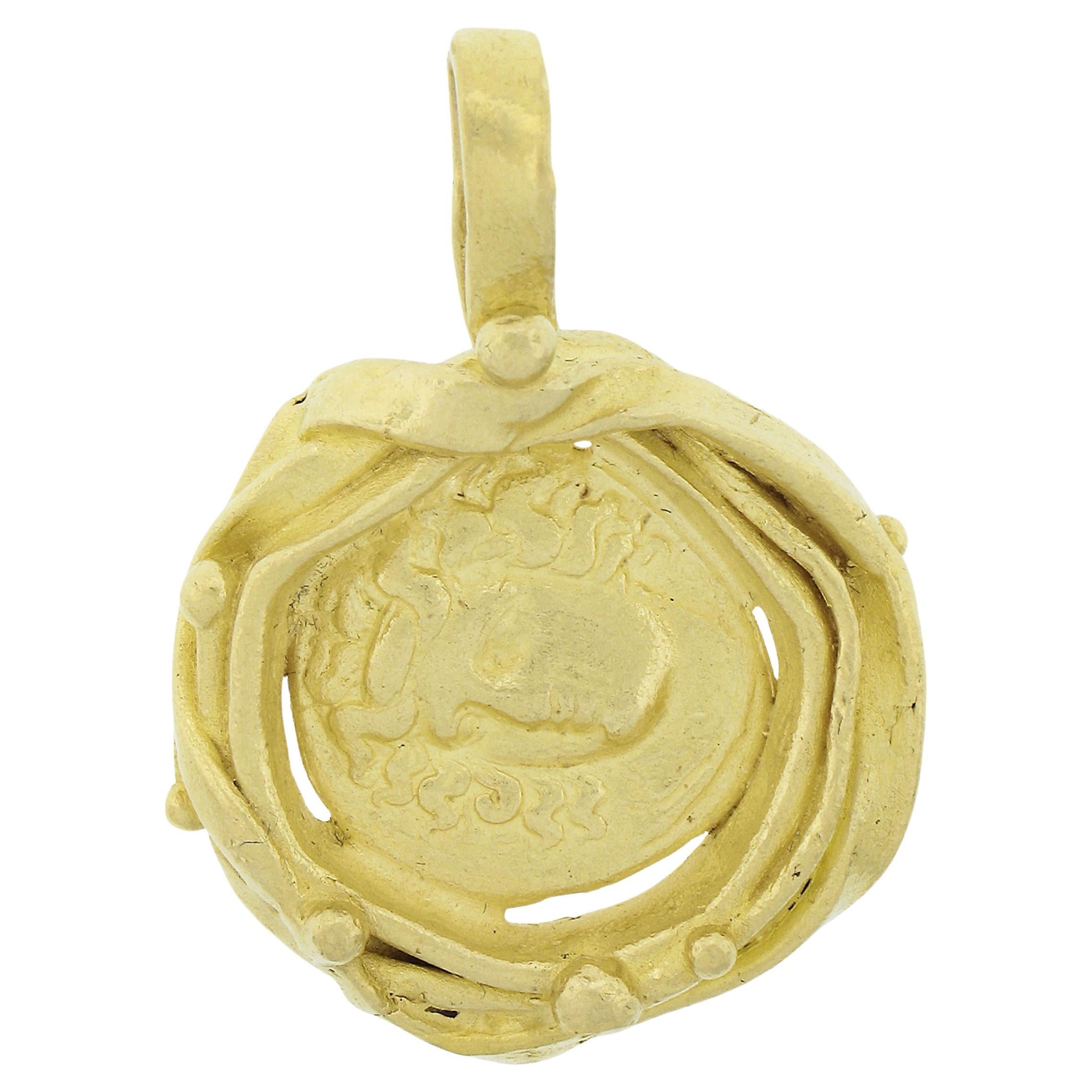 Denise Roberge 22k Yellow Gold Ancient Coin Textured & Bead Work Charm Pendant For Sale
