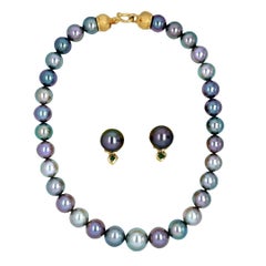 Denise Roberge 22k Yellow Gold Black Tahitian Pearl Necklace & Earring Set