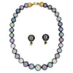 Denise Roberge 22k Yellow Gold Black Tahitian Pearl Necklace & Earring Set