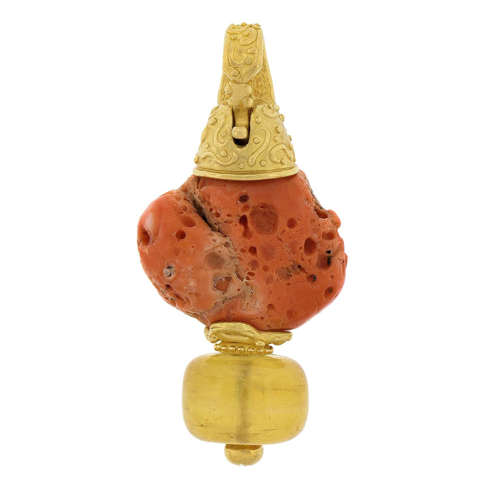 Round Cut Denise Roberge 22k Yellow Gold Coral w/ Rondelle Citrine Enhancer Pendant For Sale