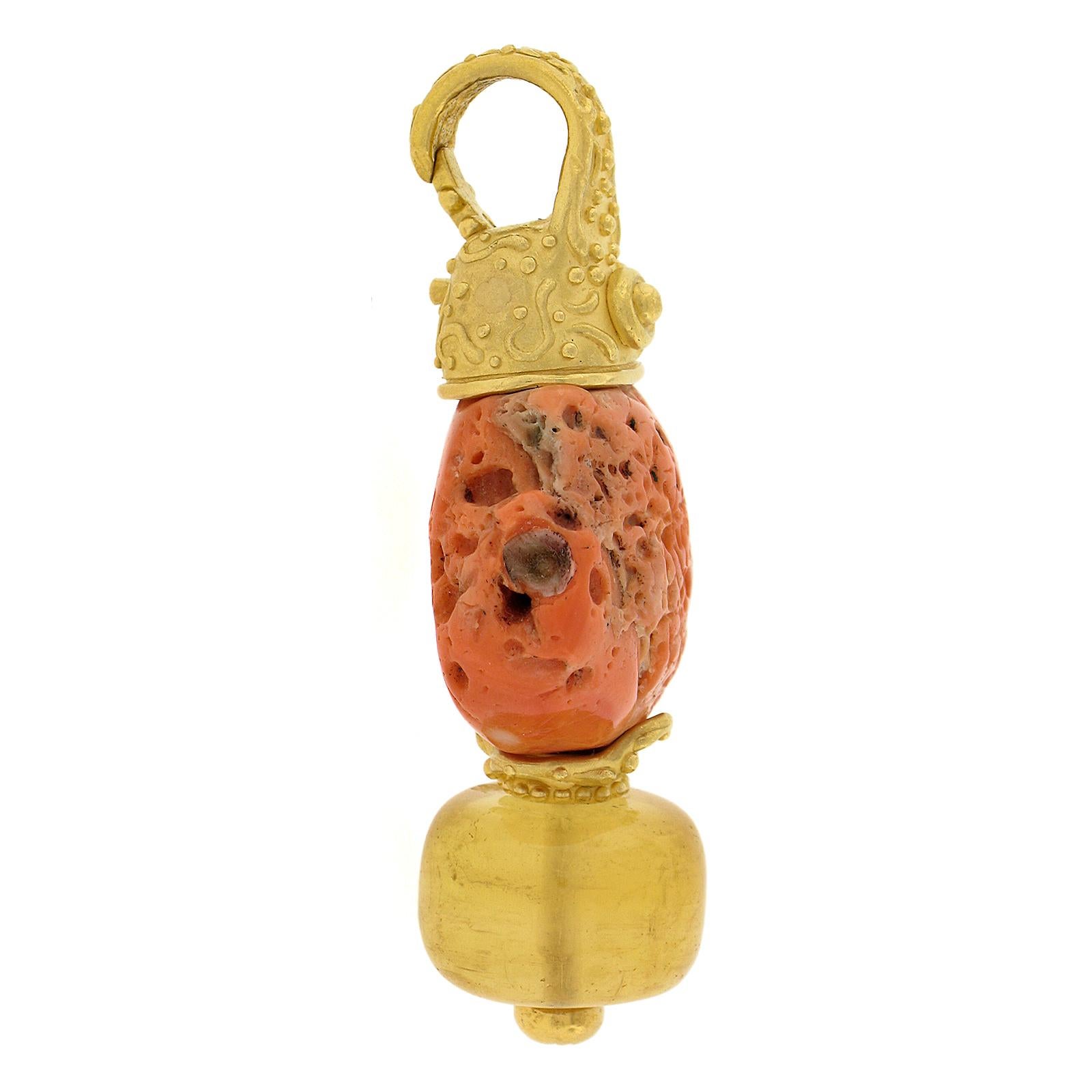 Denise Roberge 22k Yellow Gold Coral w/ Rondelle Citrine Enhancer Pendant In Excellent Condition For Sale In Montclair, NJ