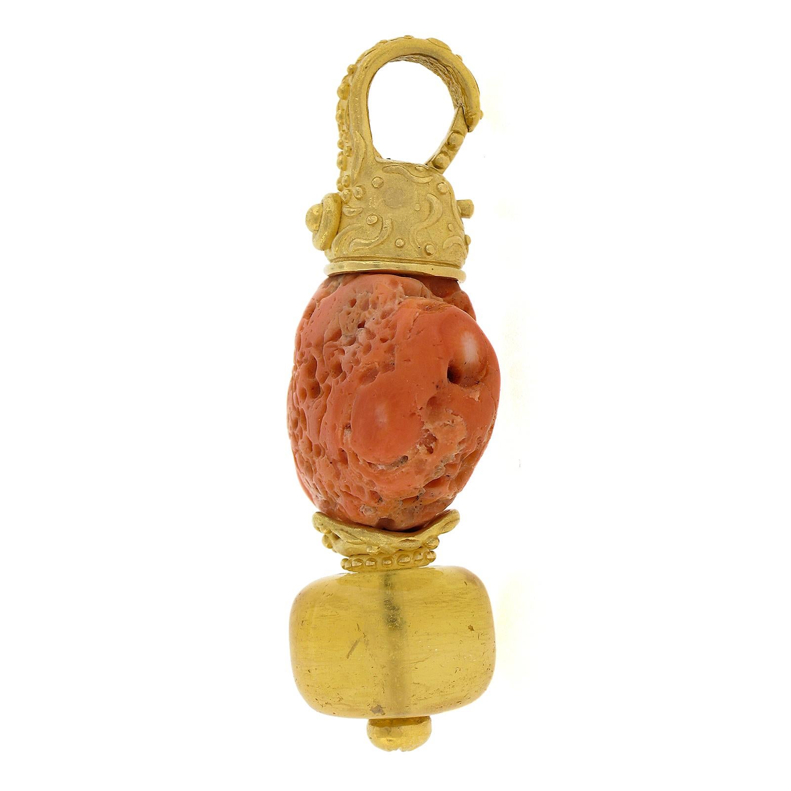 Women's or Men's Denise Roberge 22k Yellow Gold Coral w/ Rondelle Citrine Enhancer Pendant For Sale