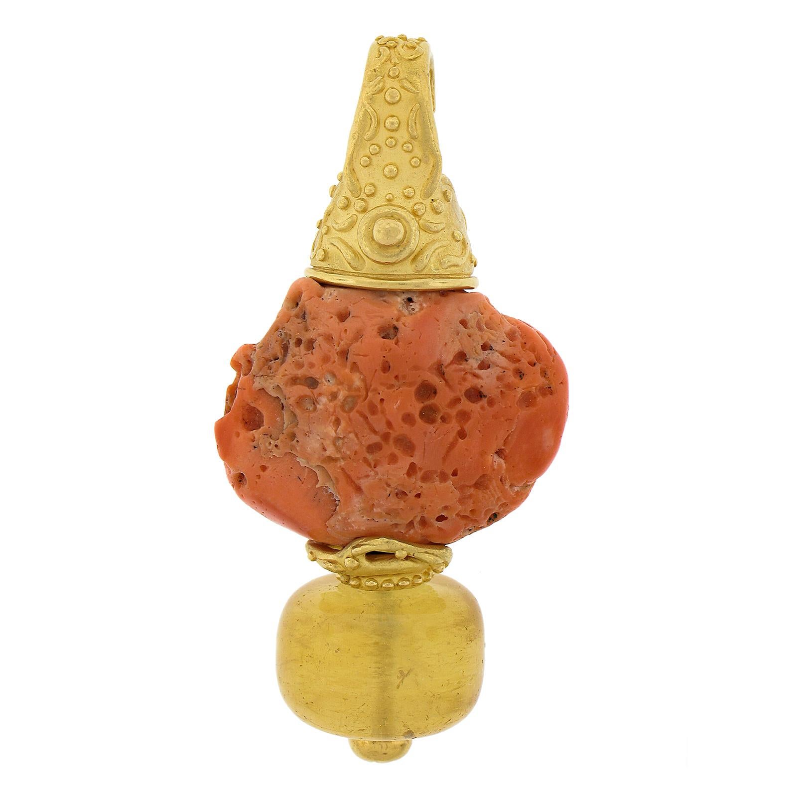 Denise Roberge 22k Yellow Gold Coral w/ Rondelle Citrine Enhancer Pendant For Sale
