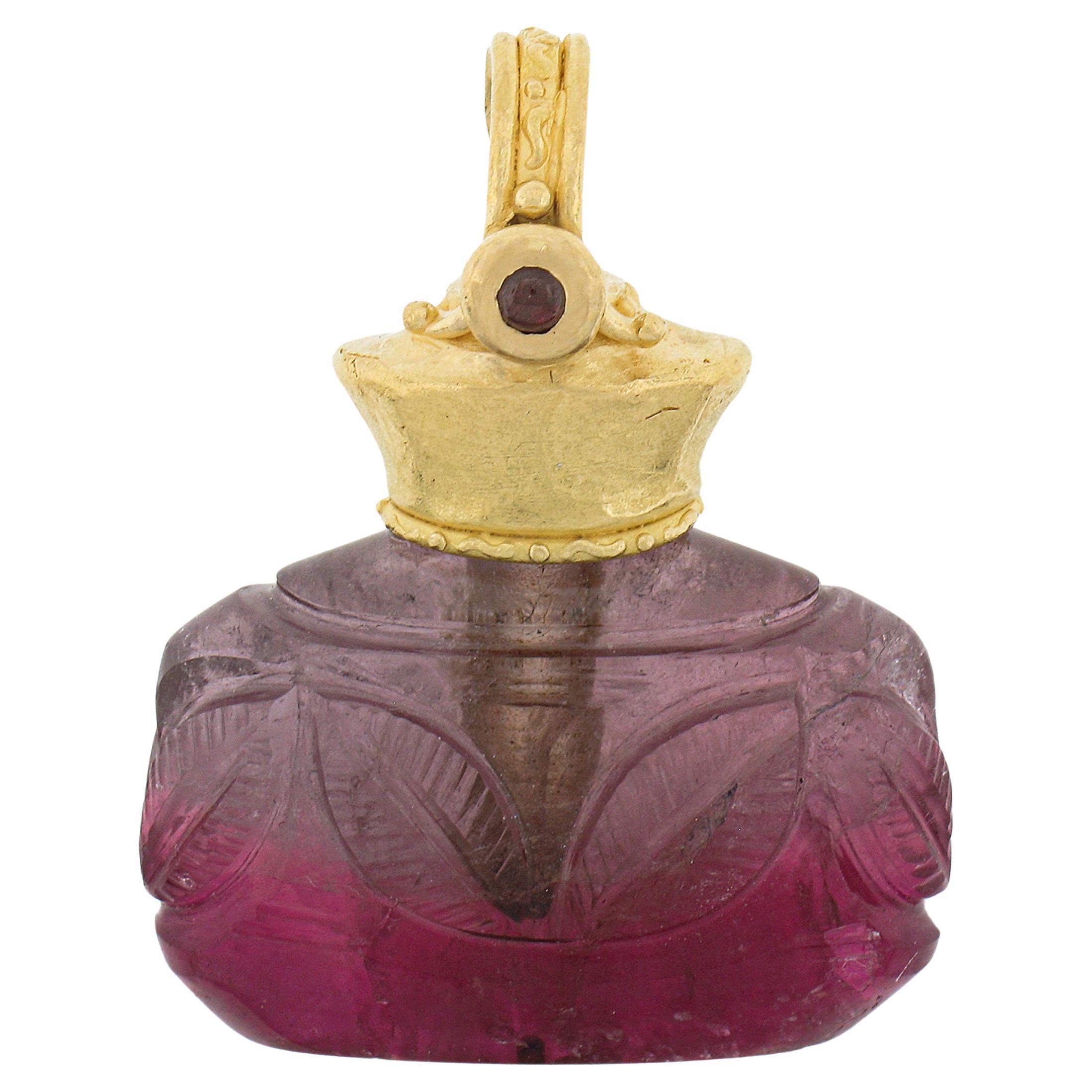 Denise Roberge 22k Yellow Gold Hand Carved Tourmaline Bottle Enhancer Pendant For Sale