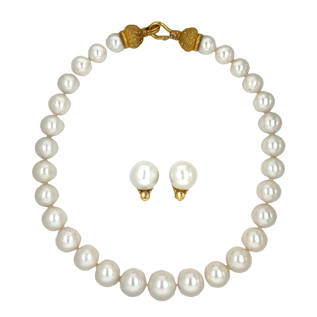 Denise Roberge 22k Yellow Gold White South Sea Pearl Necklace & Earring Set For Sale