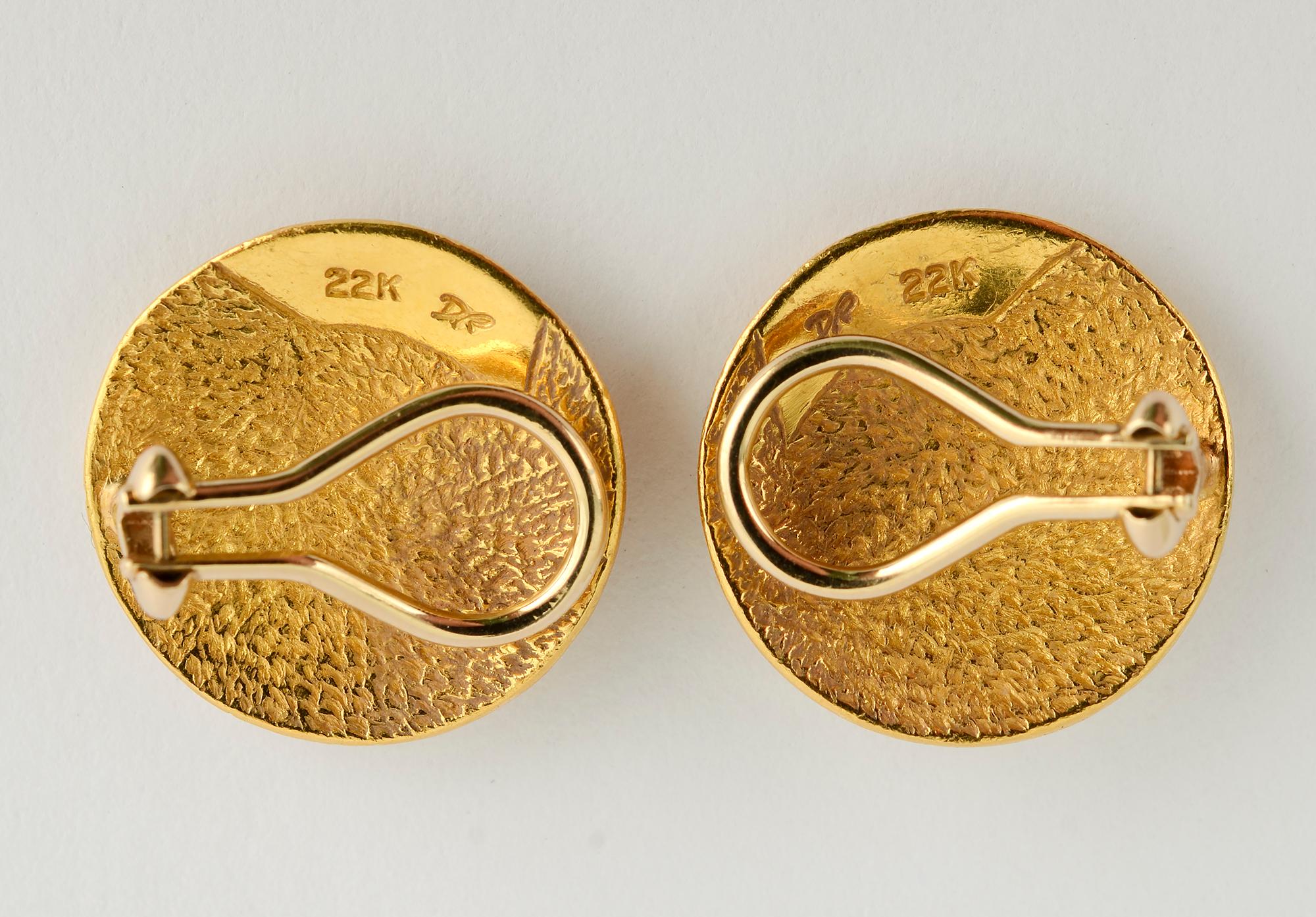 Modern Denise Roberge Gold Button Earrings with Coiled Design