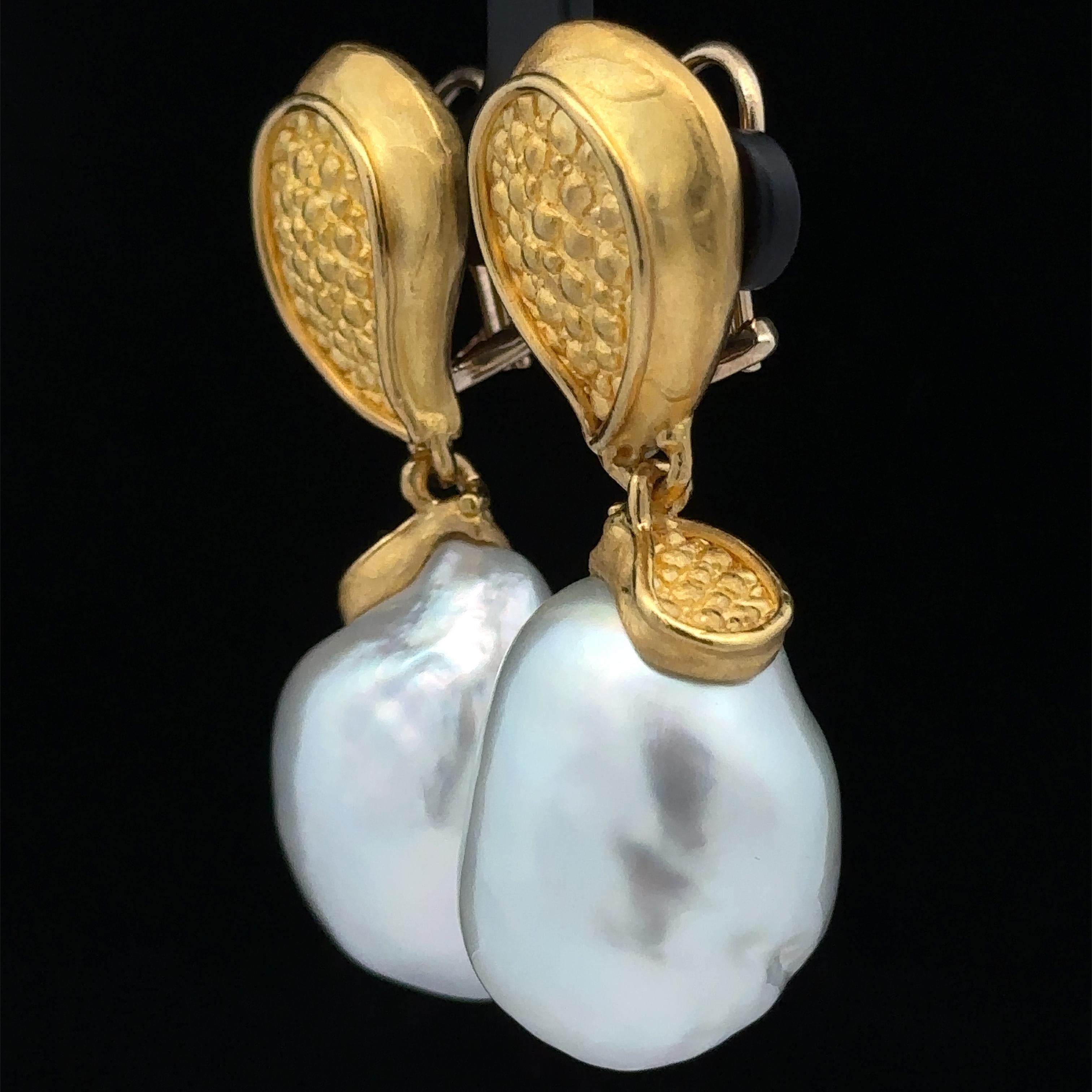 Denise Roberge Gold GIA LARGE 20mm Semi Baroque Pearl Textured Clip On Earrings For Sale 5