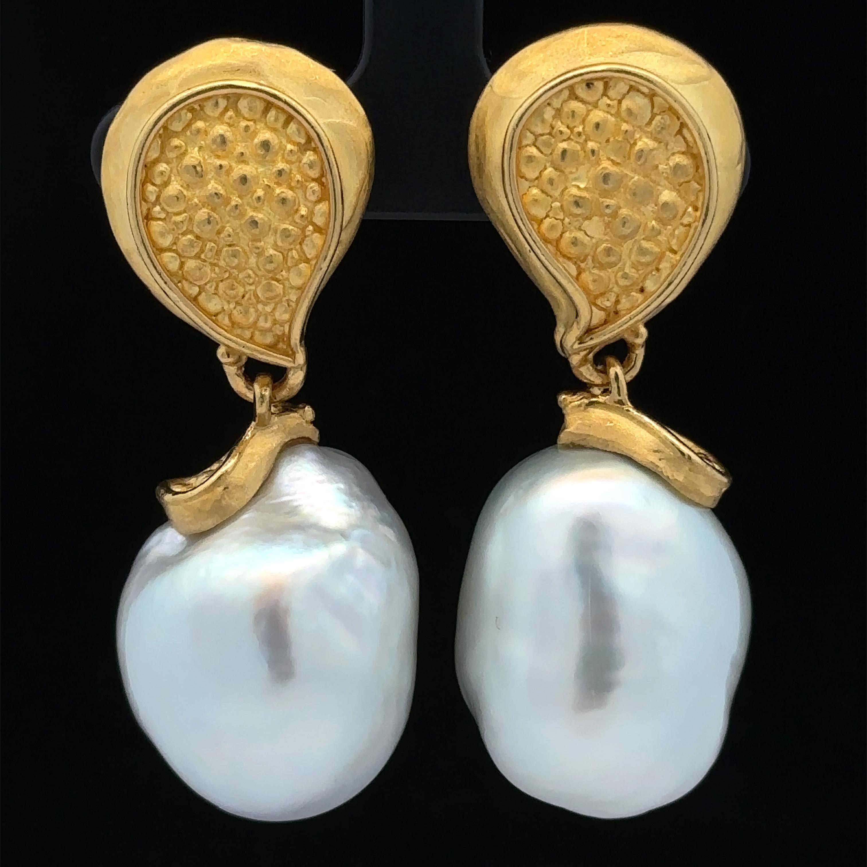 Denise Roberge Gold GIA LARGE 20mm Semi Baroque Pearl Textured Clip On Earrings For Sale 6