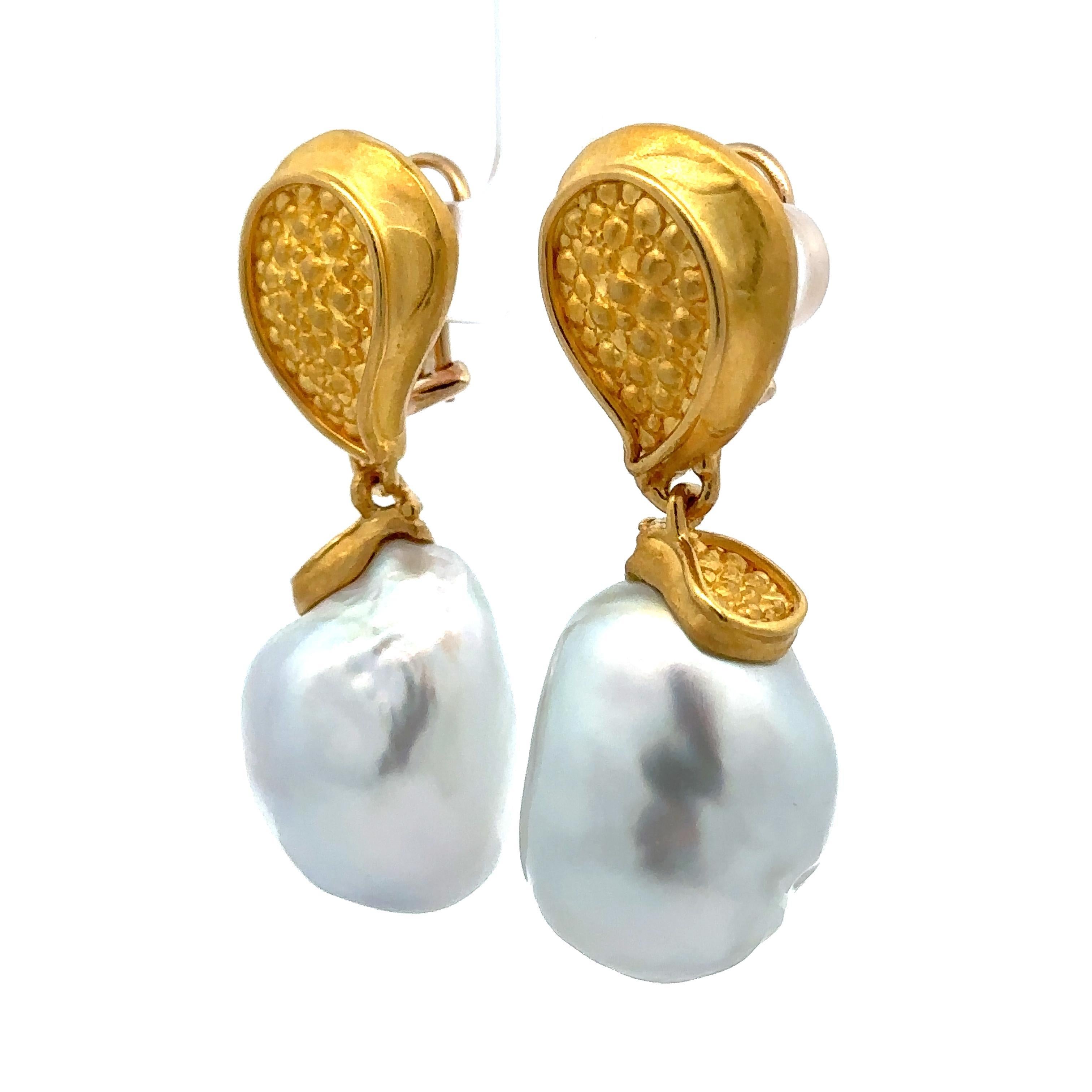 Denise Roberge Gold GIA LARGE 20mm Semi Baroque Pearl Textured Clip On Earrings For Sale 7