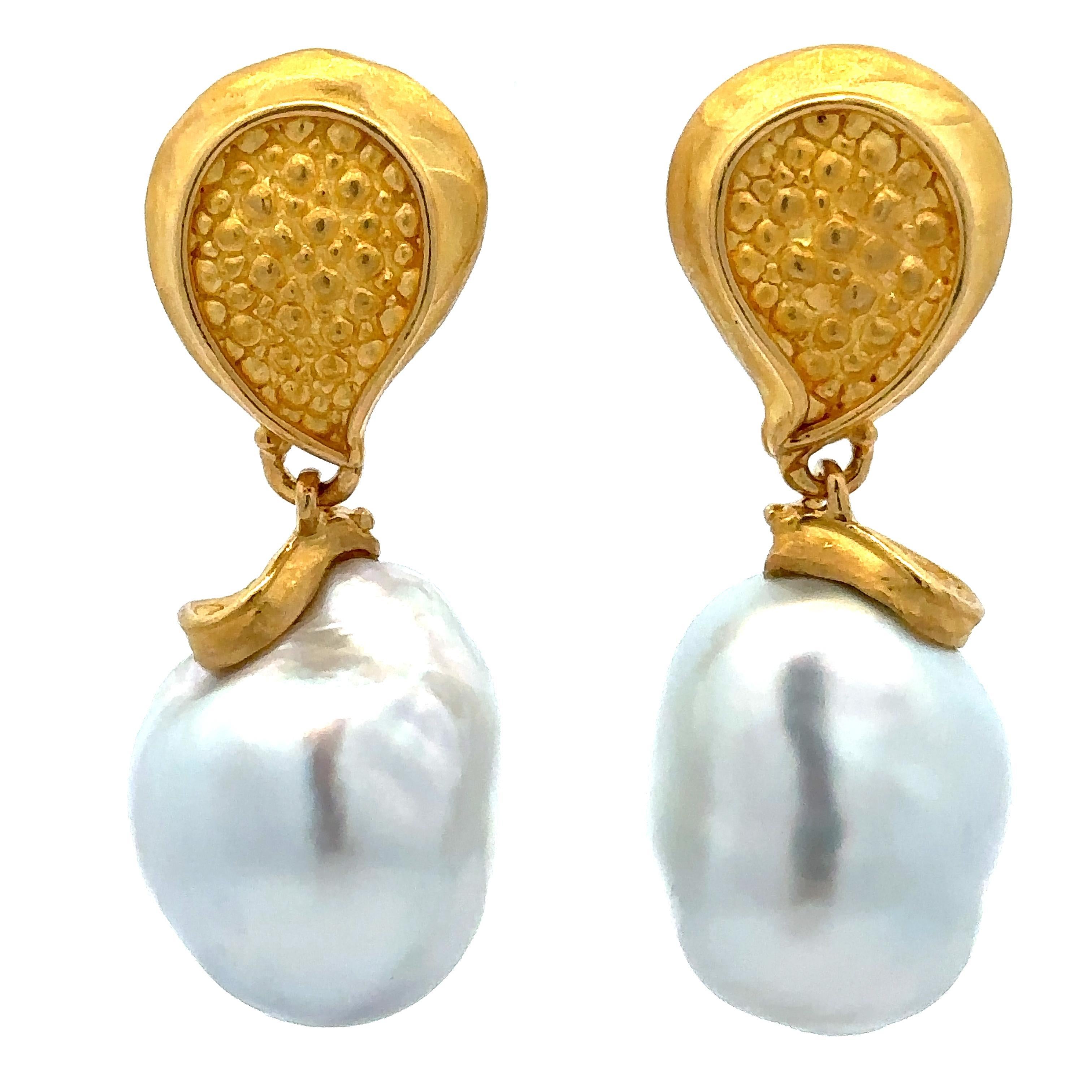 Denise Roberge Gold GIA LARGE 20mm Semi Baroque Pearl Textured Clip On Earrings For Sale 10