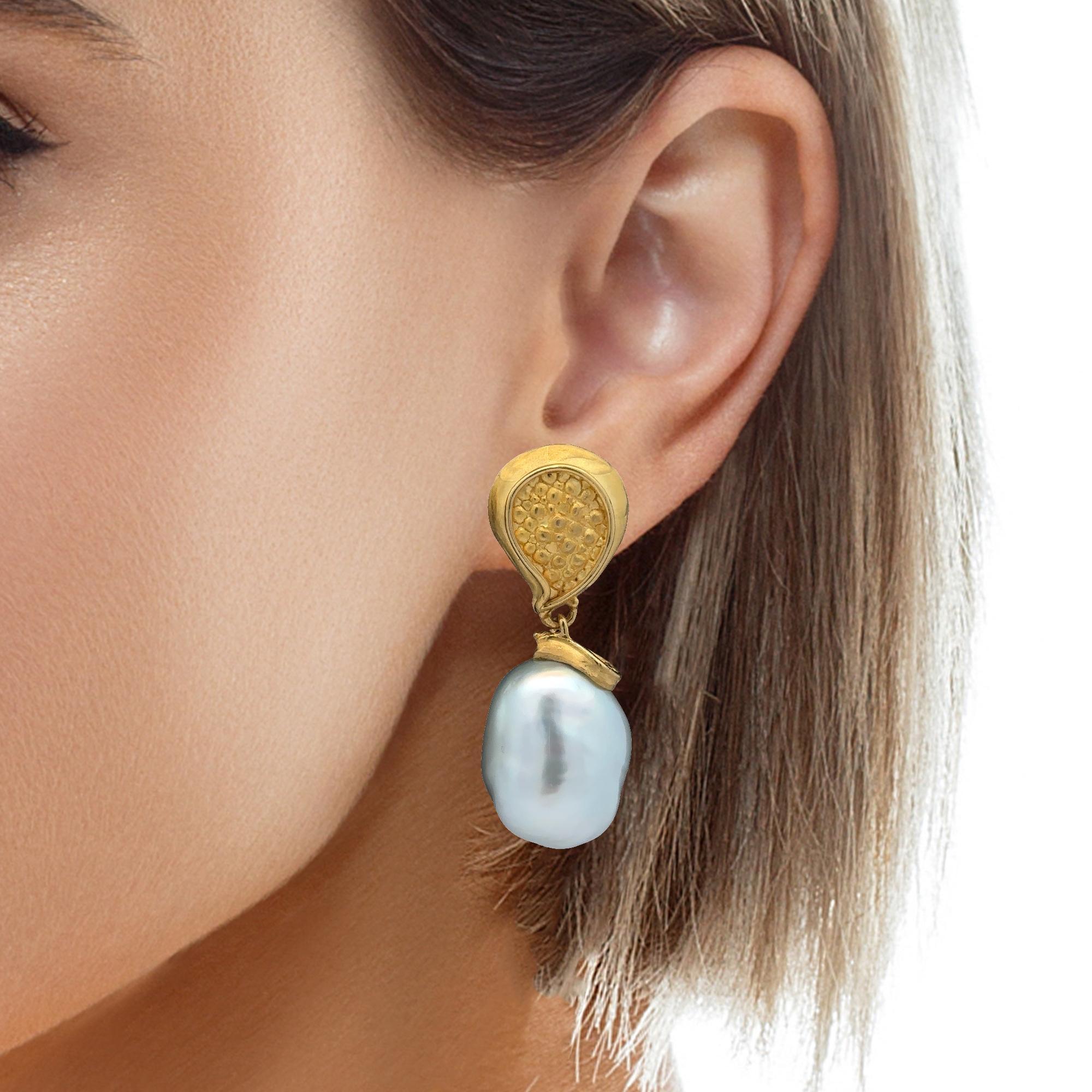Uncut Denise Roberge Gold GIA LARGE 20mm Semi Baroque Pearl Textured Clip On Earrings For Sale