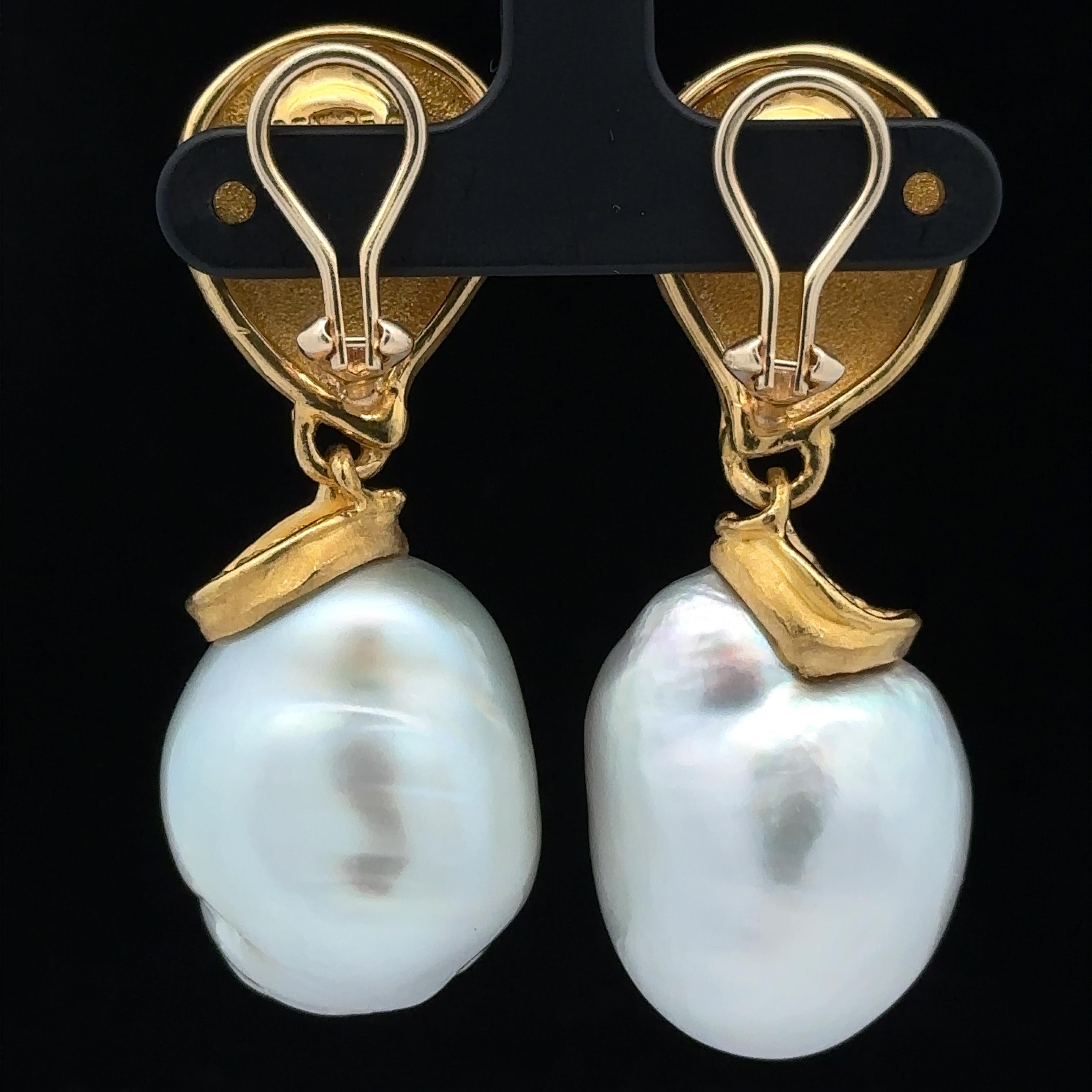 Women's Denise Roberge Gold GIA LARGE 20mm Semi Baroque Pearl Textured Clip On Earrings For Sale