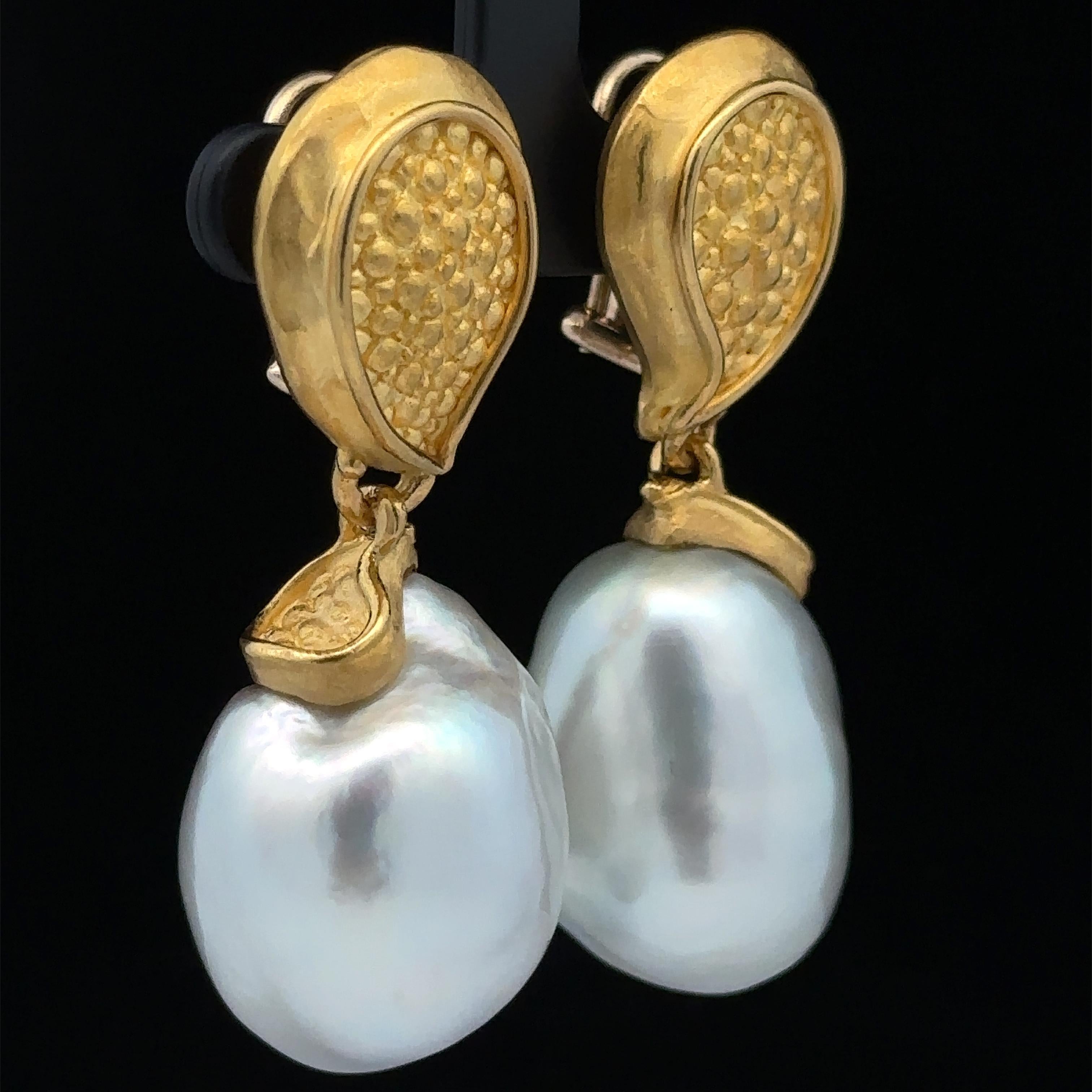 Denise Roberge Gold GIA LARGE 20mm Semi Baroque Pearl Textured Clip On Earrings For Sale 2