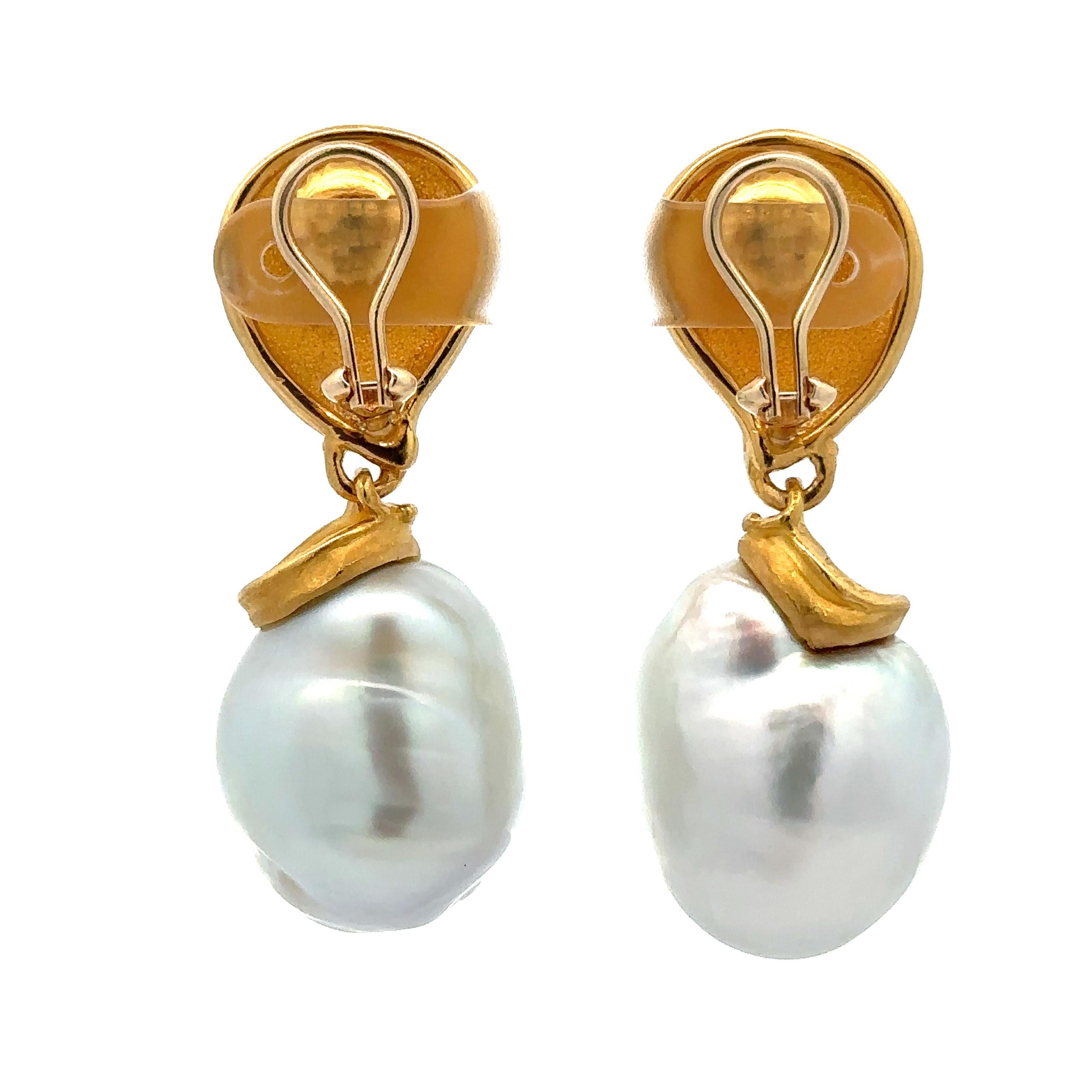 Denise Roberge Gold GIA LARGE 20mm Semi Baroque Pearl Textured Clip On Earrings For Sale 3