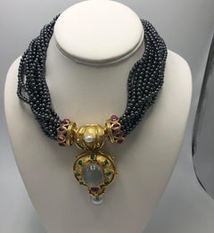 Denise Roberge Hematite Multi-Strand Necklace with Gold Pendant