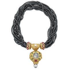 Denise Roberge Hematite Multi-Strand Necklace with Gold Pendant