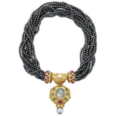 Retro Denise Roberge Hematite Multi-Strand Necklace with Gold Pendant