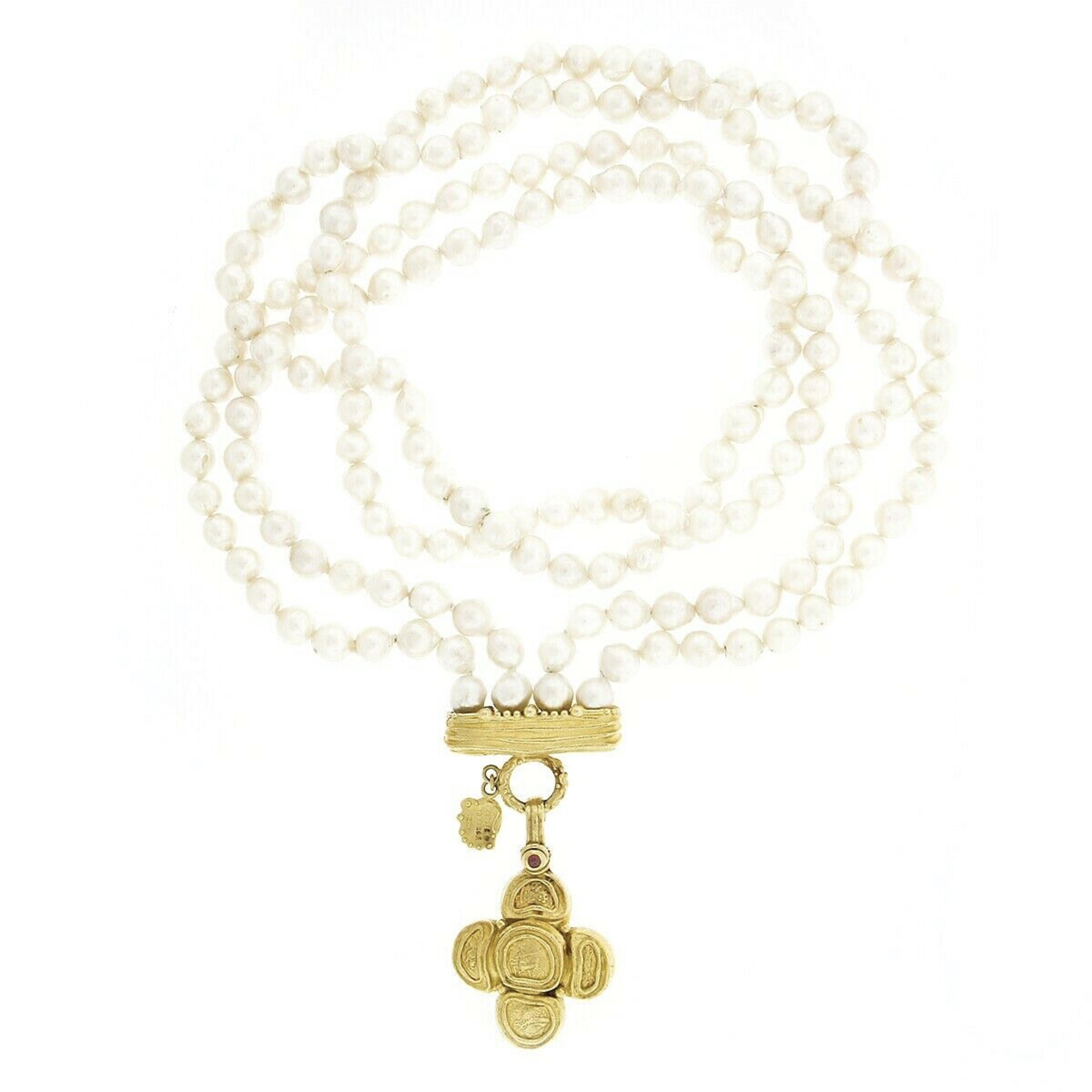 Round Cut Denise Roberge Pearl Dual Strand Necklace w/ 22k Gold Enhancer Cross Pendant