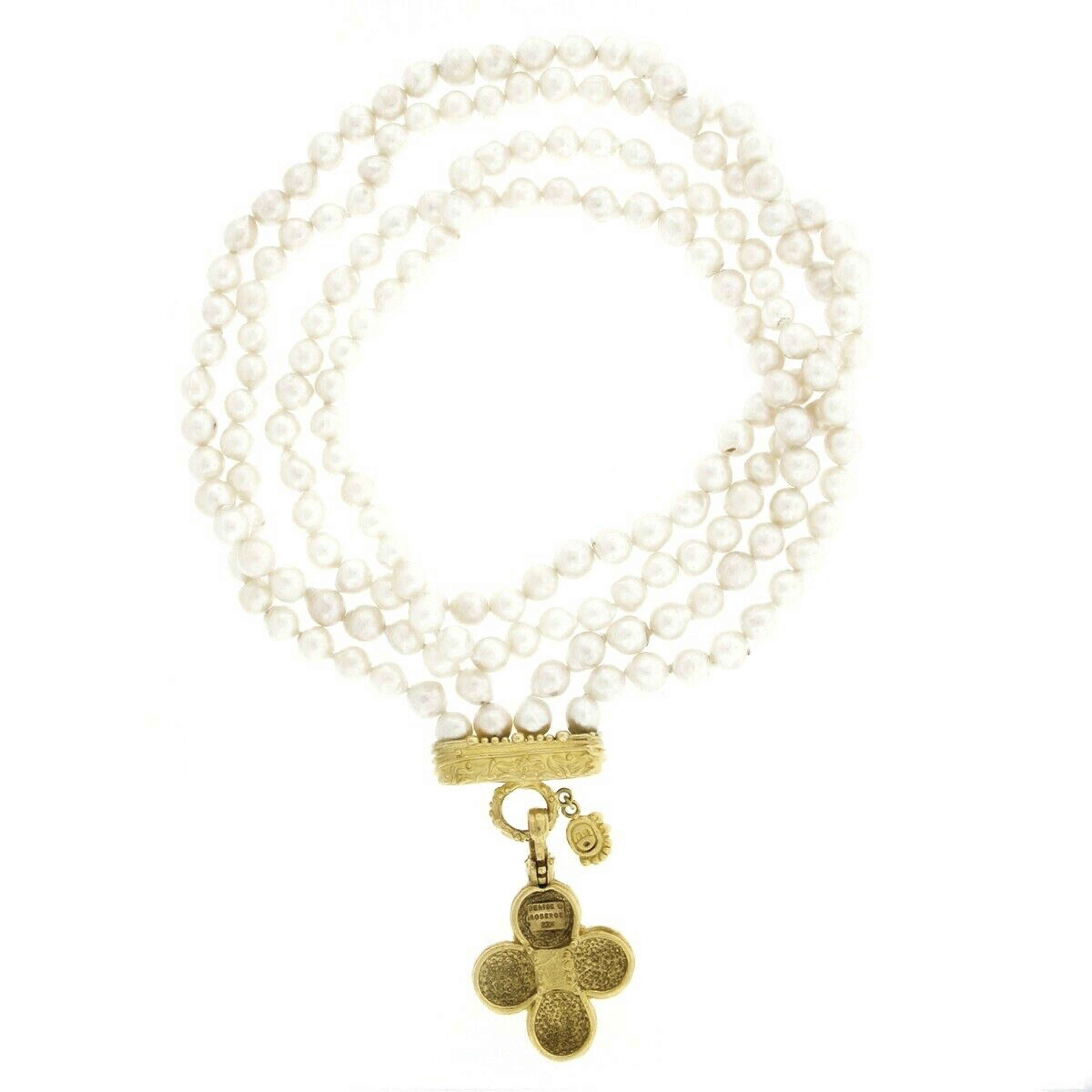 Denise Roberge Pearl Dual Strand Necklace w/ 22k Gold Enhancer Cross Pendant In Good Condition In Montclair, NJ