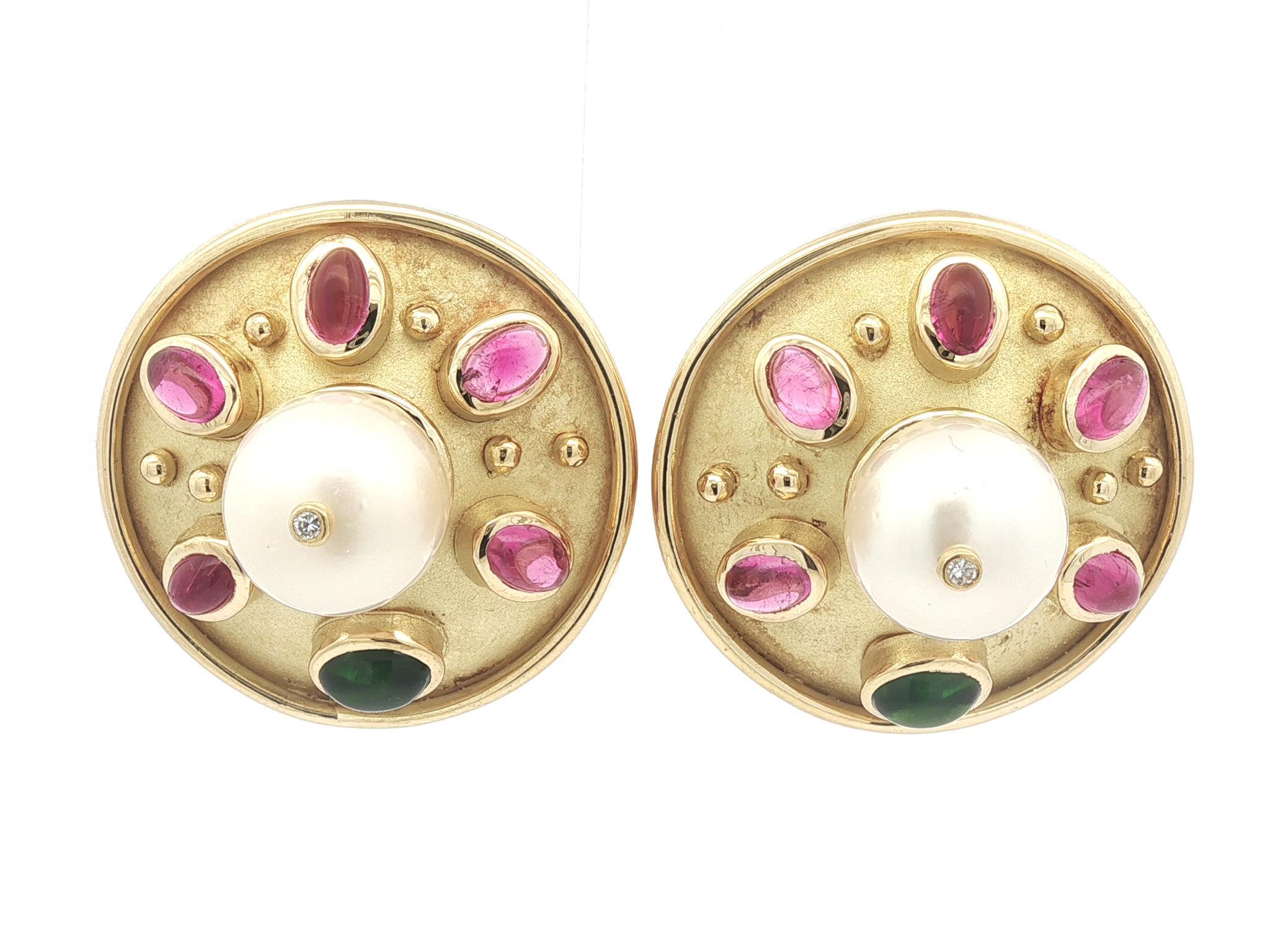 Denise Roberge Yellow Gold Pearl Tourmaline & Diamond Large Button Earrings in vendita 5