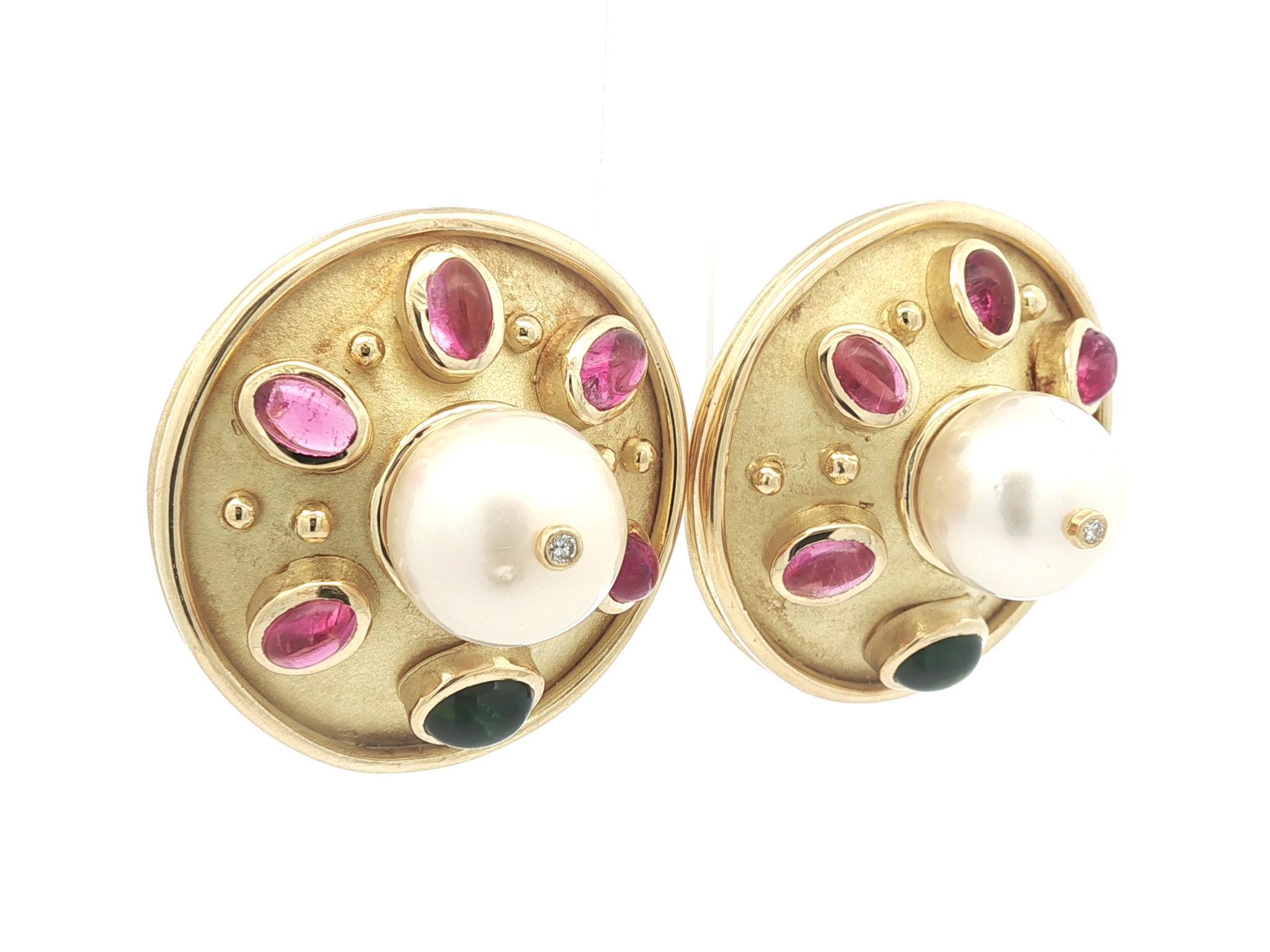 --Stone(s):--
(2) Genuine Cultured Pearls - Round Shape - Very Nice White Color w/ Pink Overtone- 12.4mm each (approx.)
(2) Natural Genuine Diamonds - Round Brilliant Cut - Bezel Set - Nice Brilliant White Diamonds - 0.03ctw (approx.)
(10) Natural
