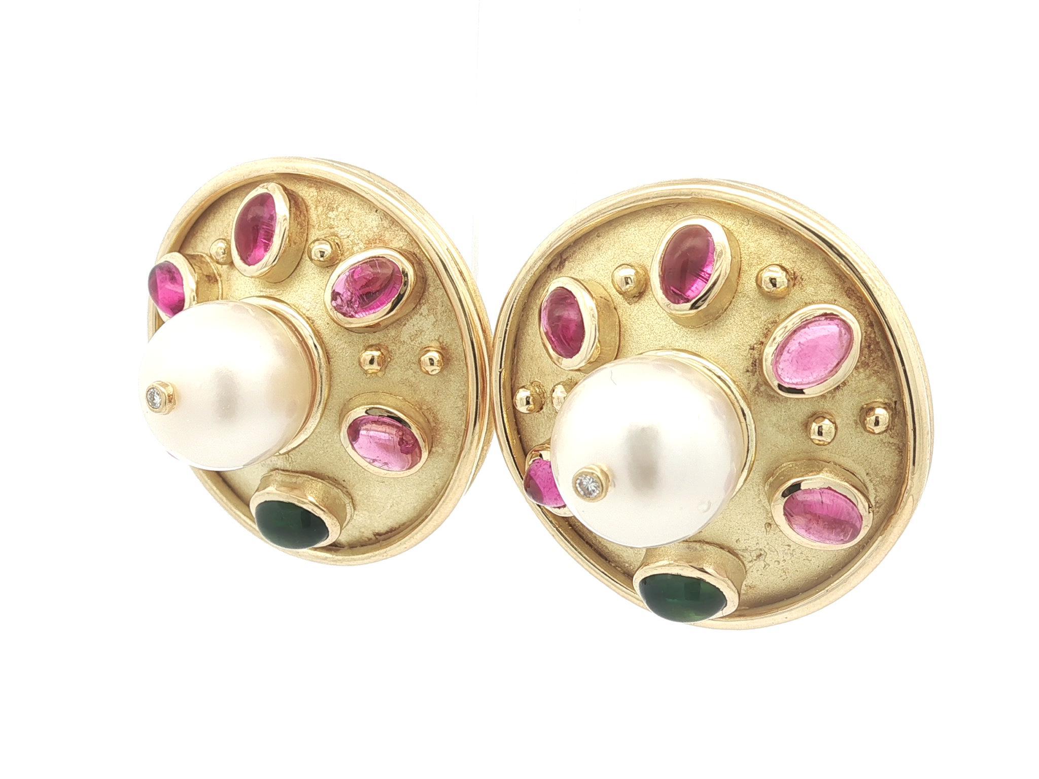 Taglio rotondo Denise Roberge Yellow Gold Pearl Tourmaline & Diamond Large Button Earrings in vendita