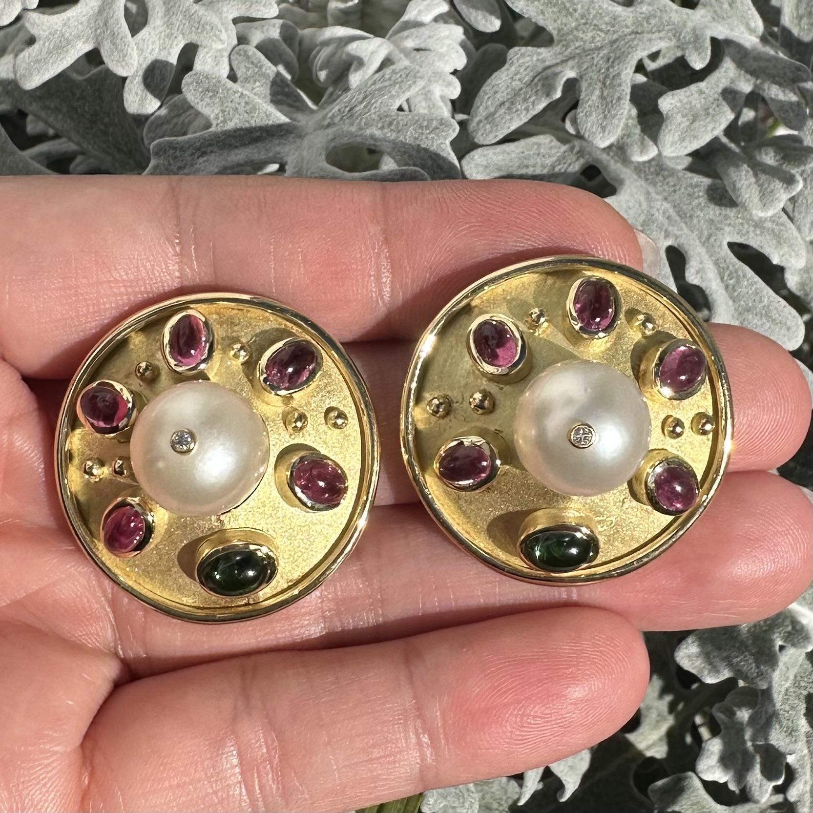 Donna Denise Roberge Yellow Gold Pearl Tourmaline & Diamond Large Button Earrings in vendita