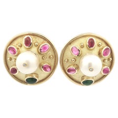 Denise Roberge Yellow Gold Pearl Tourmaline & Diamond Large Button Earrings