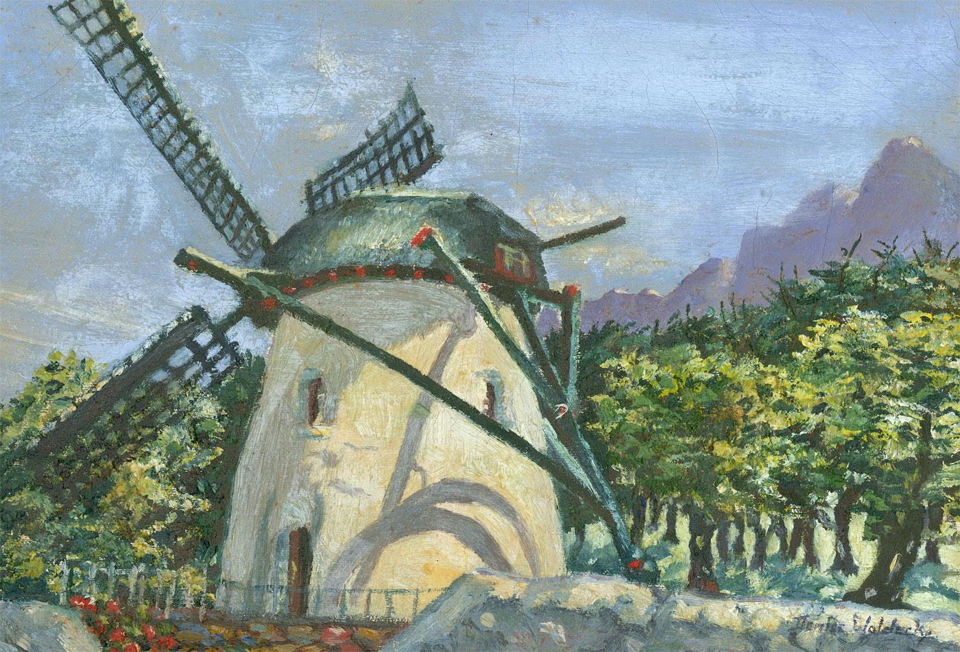 A charming 20th Century oil, showing a white washed windmill in the sun with green woodland all around. The artist has signed to the lower right corner. On canvas. 

