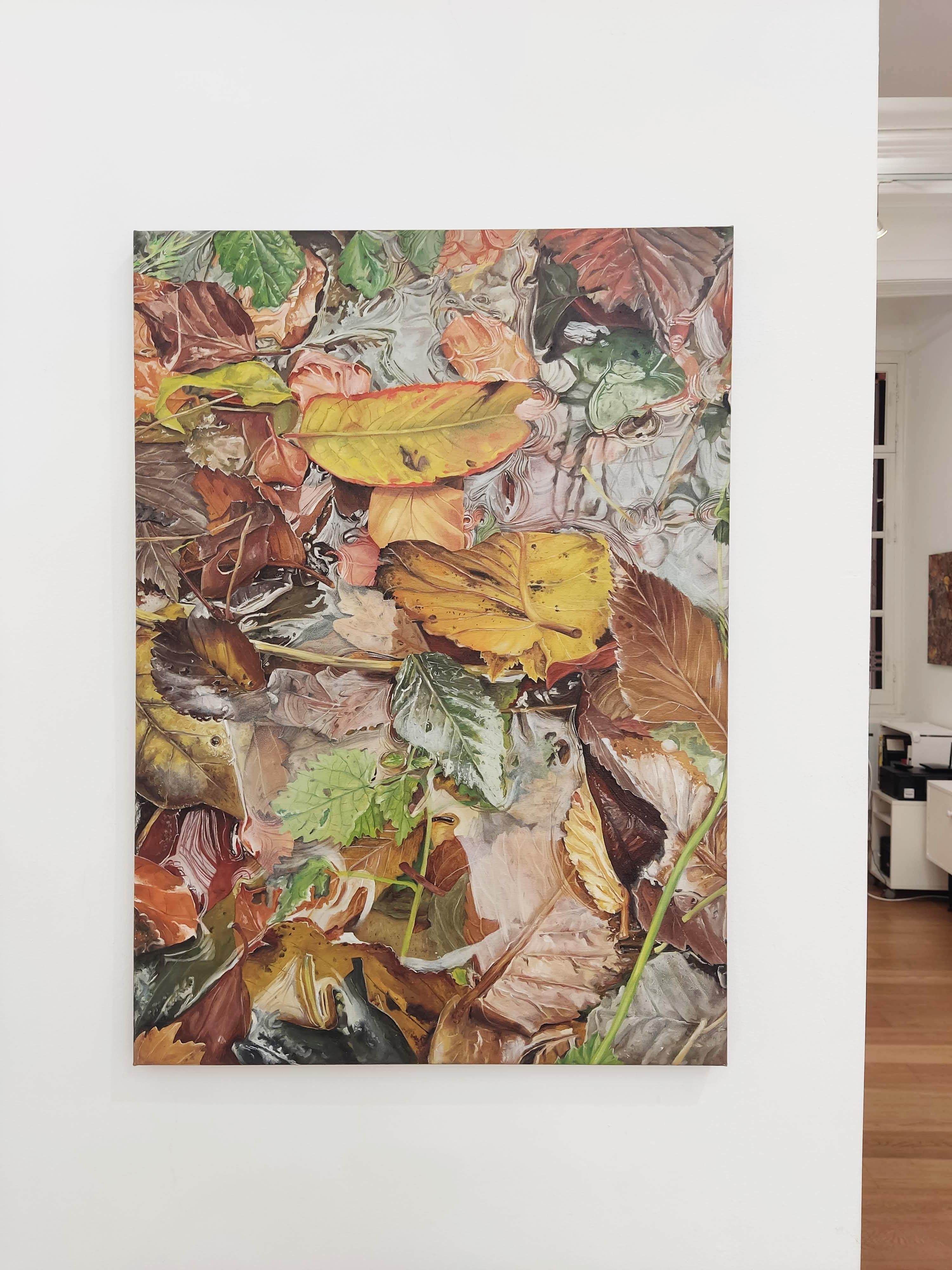 Back to the source, Oil painting on Canvas, Water Reflections, Leafs, Realistic - Painting by Deniz Bayav