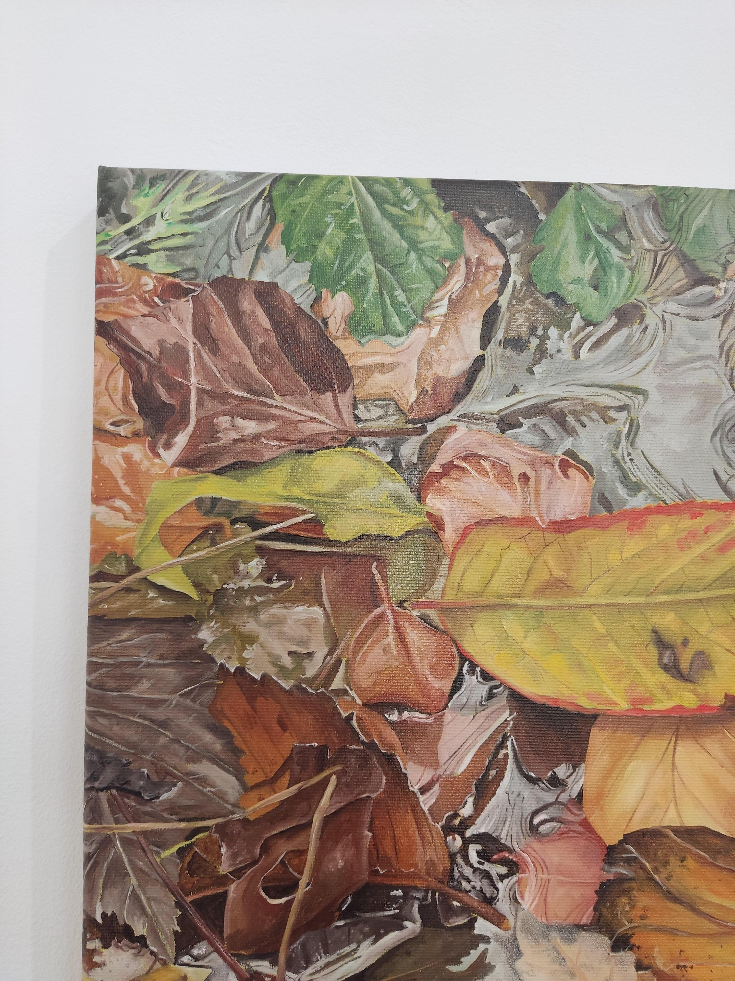 Back to the source, Oil painting on Canvas, Water Reflections, Leafs, Realistic - Contemporary Painting by Deniz Bayav
